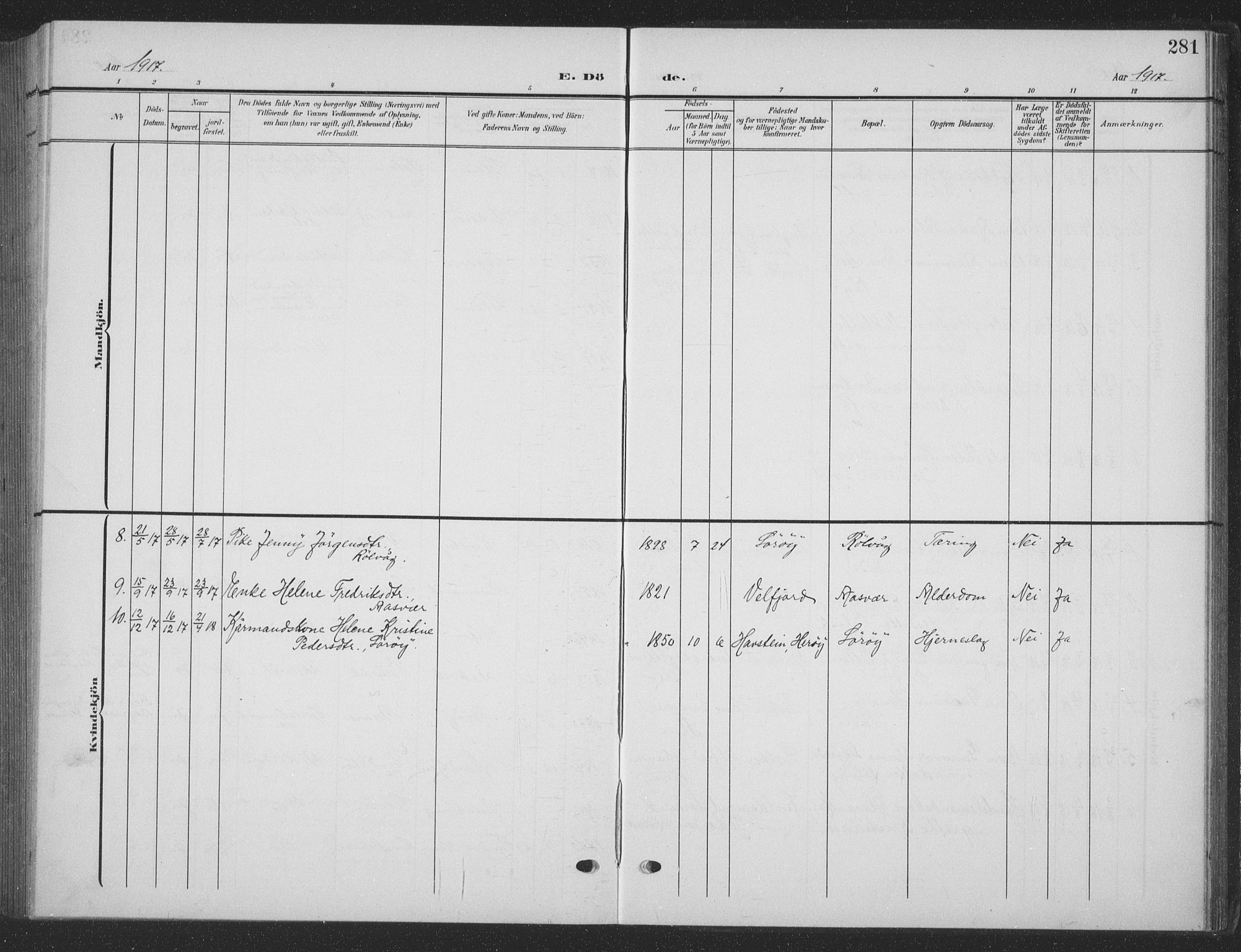 Ministerialprotokoller, klokkerbøker og fødselsregistre - Nordland, SAT/A-1459/835/L0533: Parish register (copy) no. 835C05, 1906-1939, p. 281