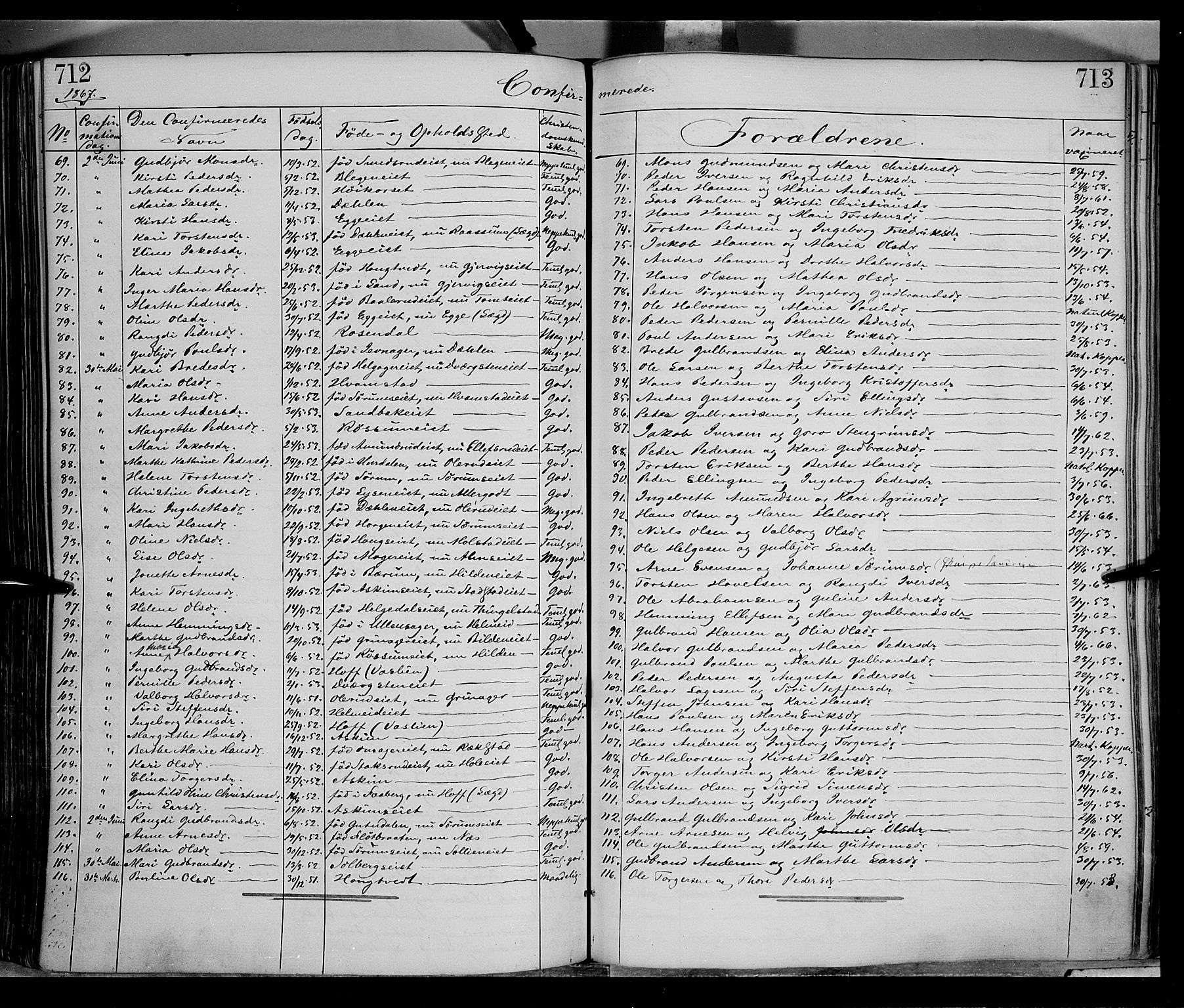 Gran prestekontor, SAH/PREST-112/H/Ha/Haa/L0012: Parish register (official) no. 12, 1856-1874, p. 712-713