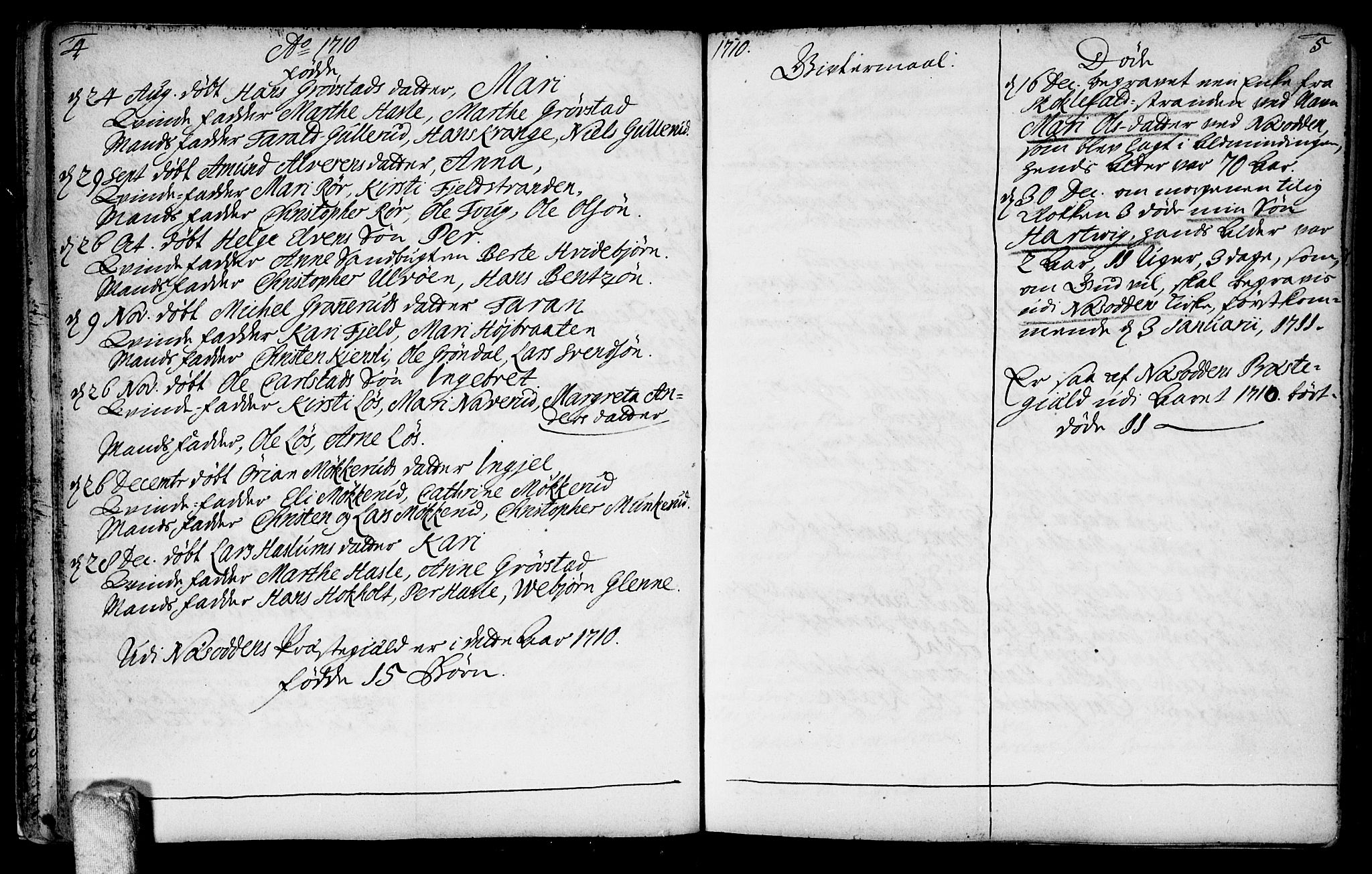 Nesodden prestekontor Kirkebøker, AV/SAO-A-10013/F/Fa/L0001: Parish register (official) no. I 1, 1709-1750, p. 4-5