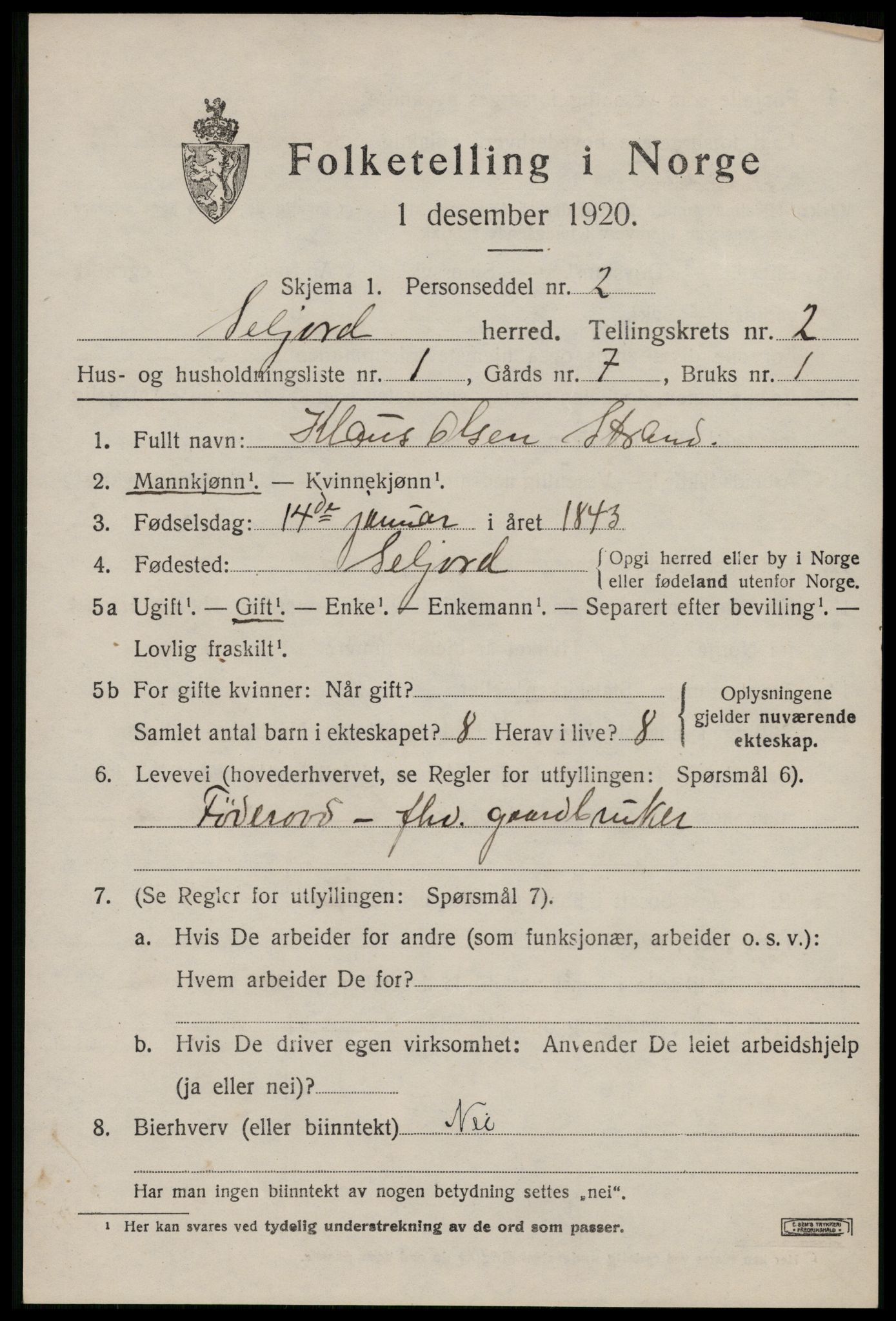 SAKO, 1920 census for Seljord, 1920, p. 1518