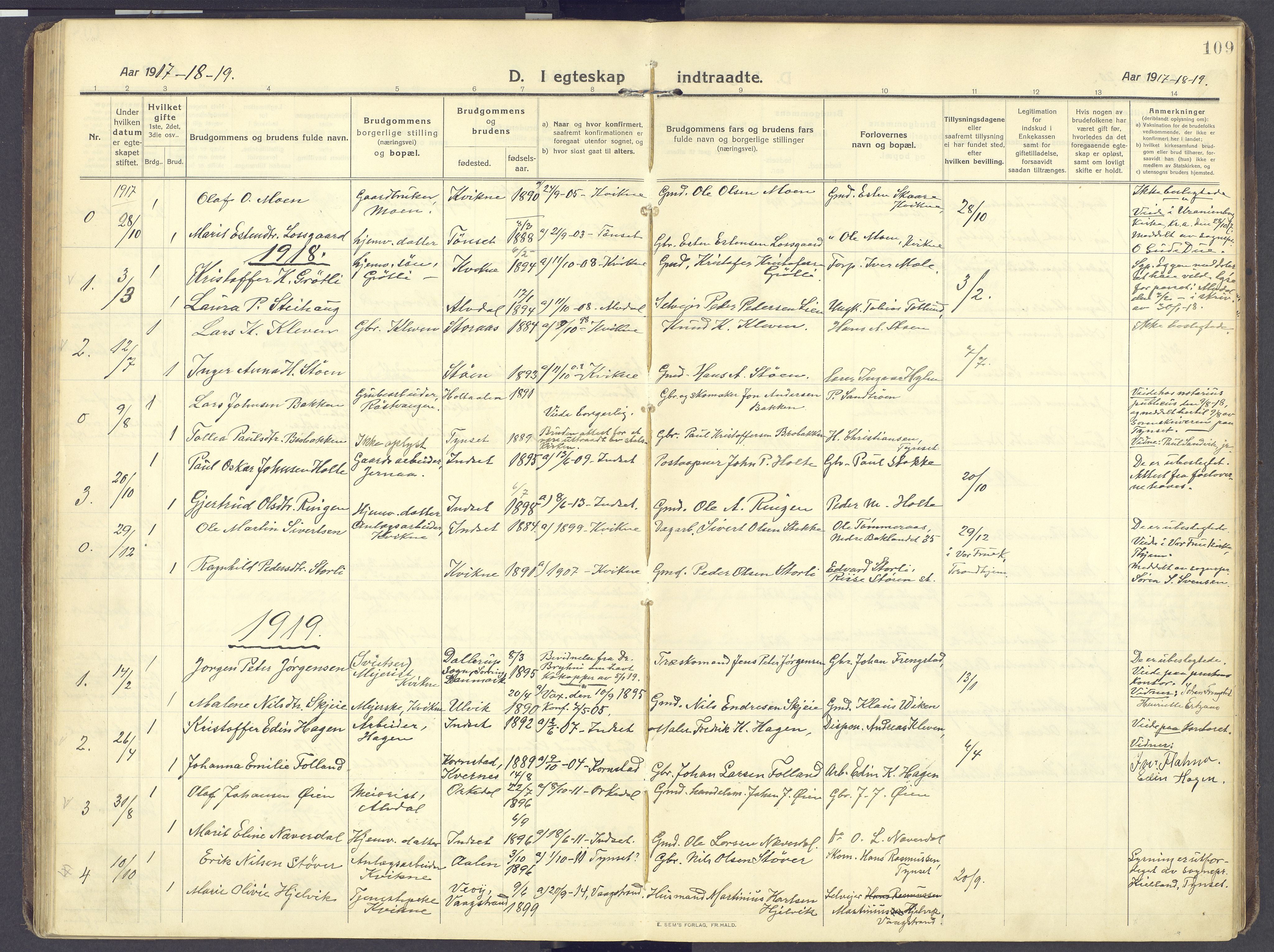 Kvikne prestekontor, SAH/PREST-064/H/Ha/Haa/L0009: Parish register (official) no. 9, 1911-1942, p. 109