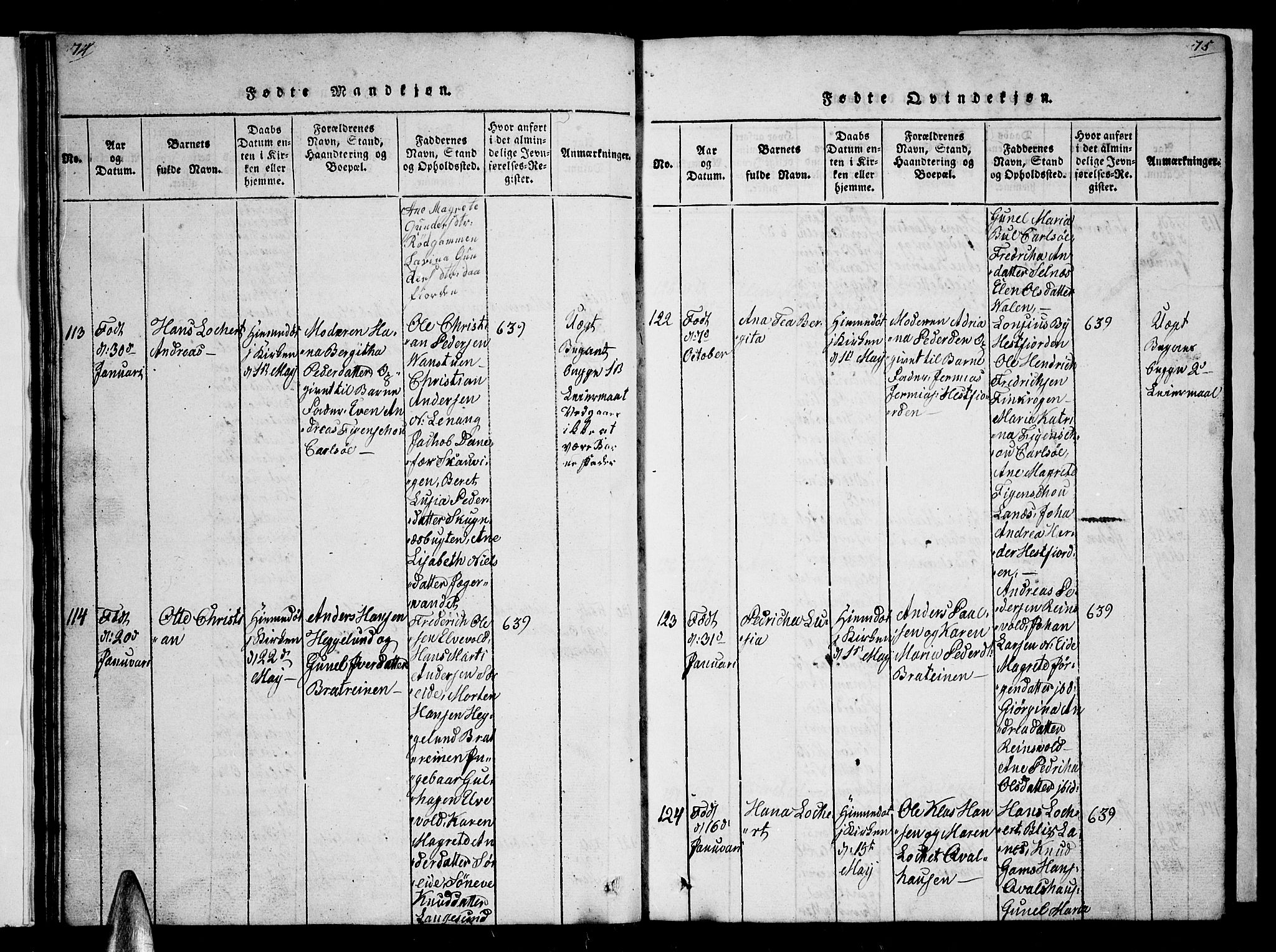 Karlsøy sokneprestembete, AV/SATØ-S-1299/H/Ha/Hab/L0001klokker: Parish register (copy) no. 1, 1821-1840, p. 74-75