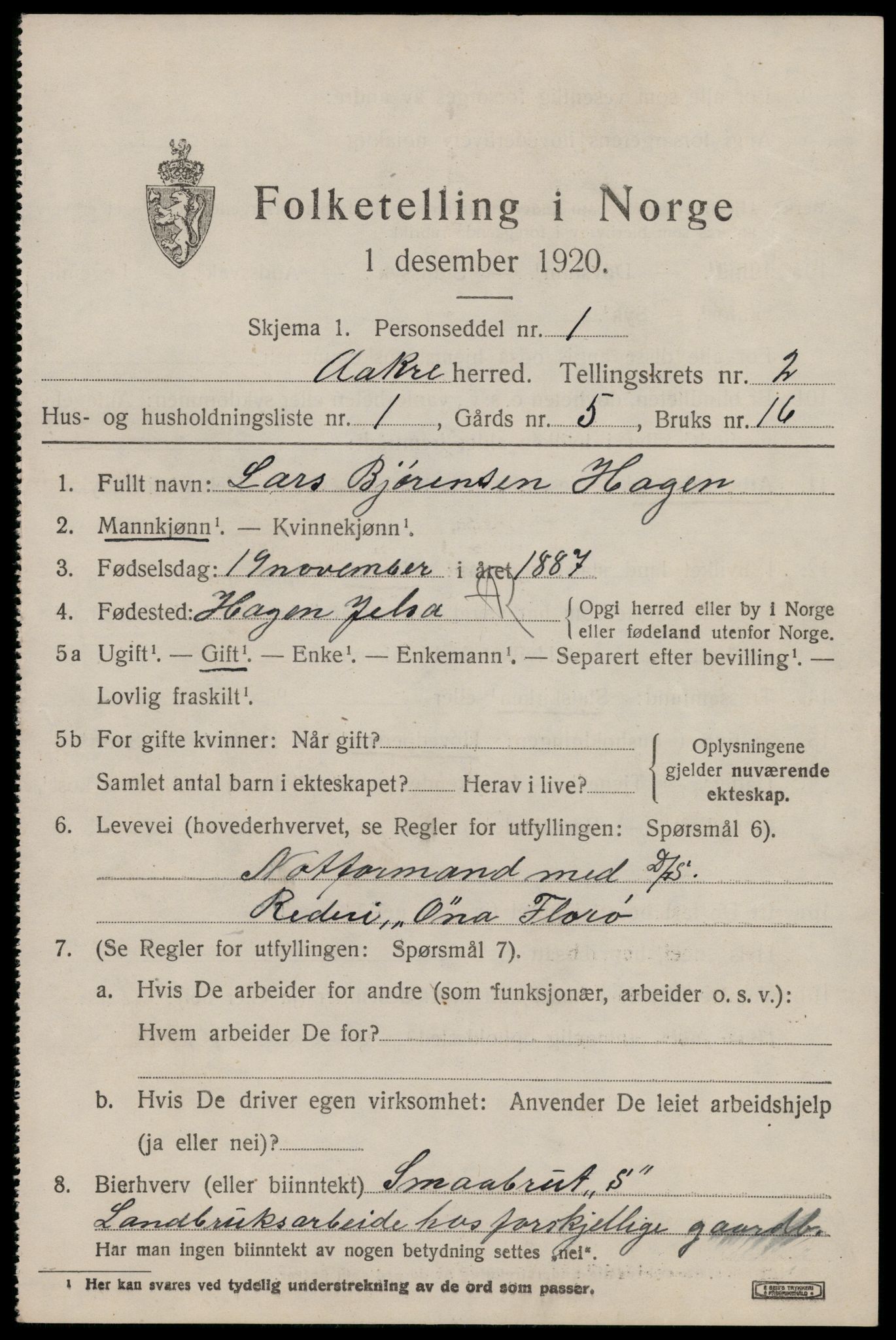 SAST, 1920 census for Åkra, 1920, p. 2952