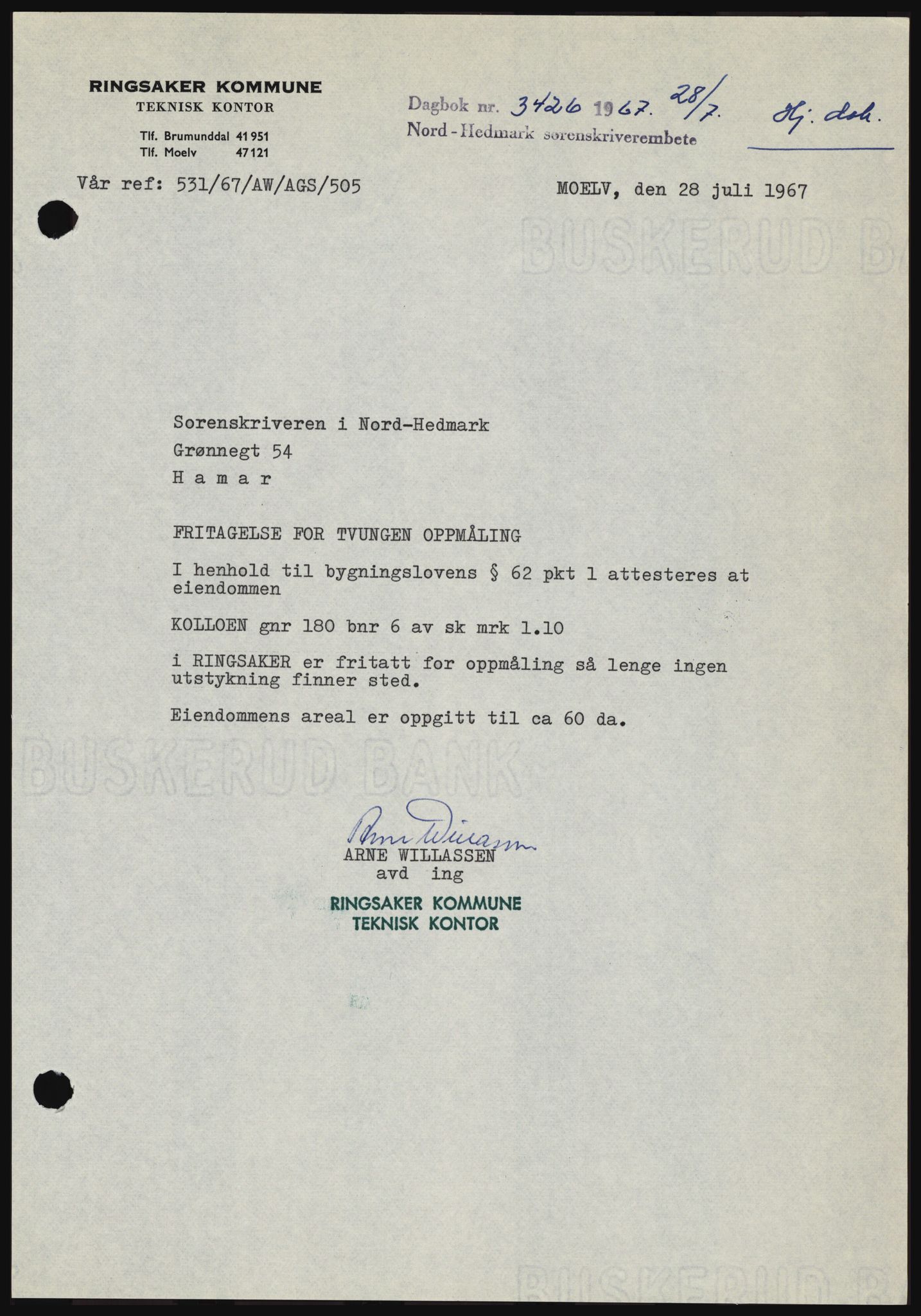 Nord-Hedmark sorenskriveri, SAH/TING-012/H/Hc/L0026: Mortgage book no. 26, 1967-1967, Diary no: : 3426/1967