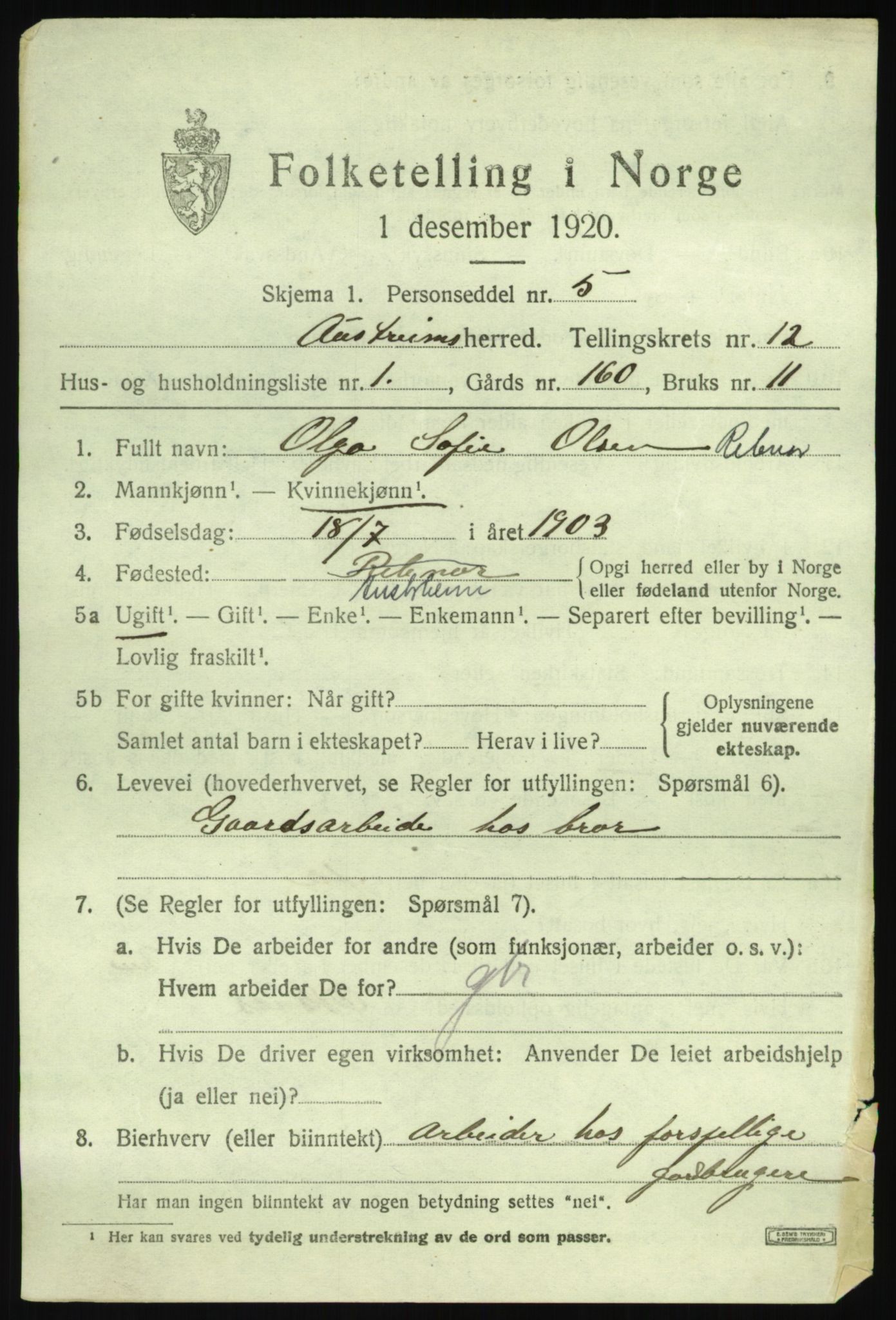 SAB, 1920 census for Austrheim, 1920, p. 4364