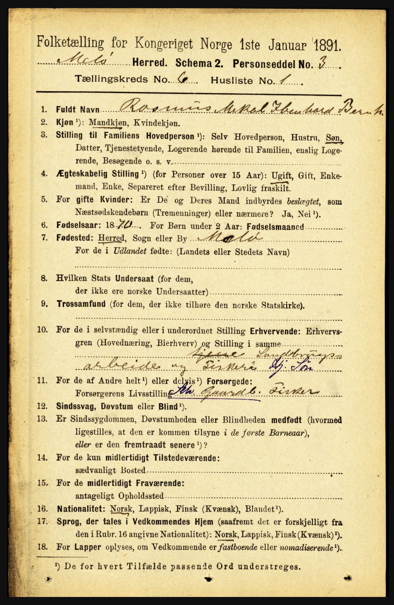 RA, 1891 census for 1837 Meløy, 1891, p. 2153