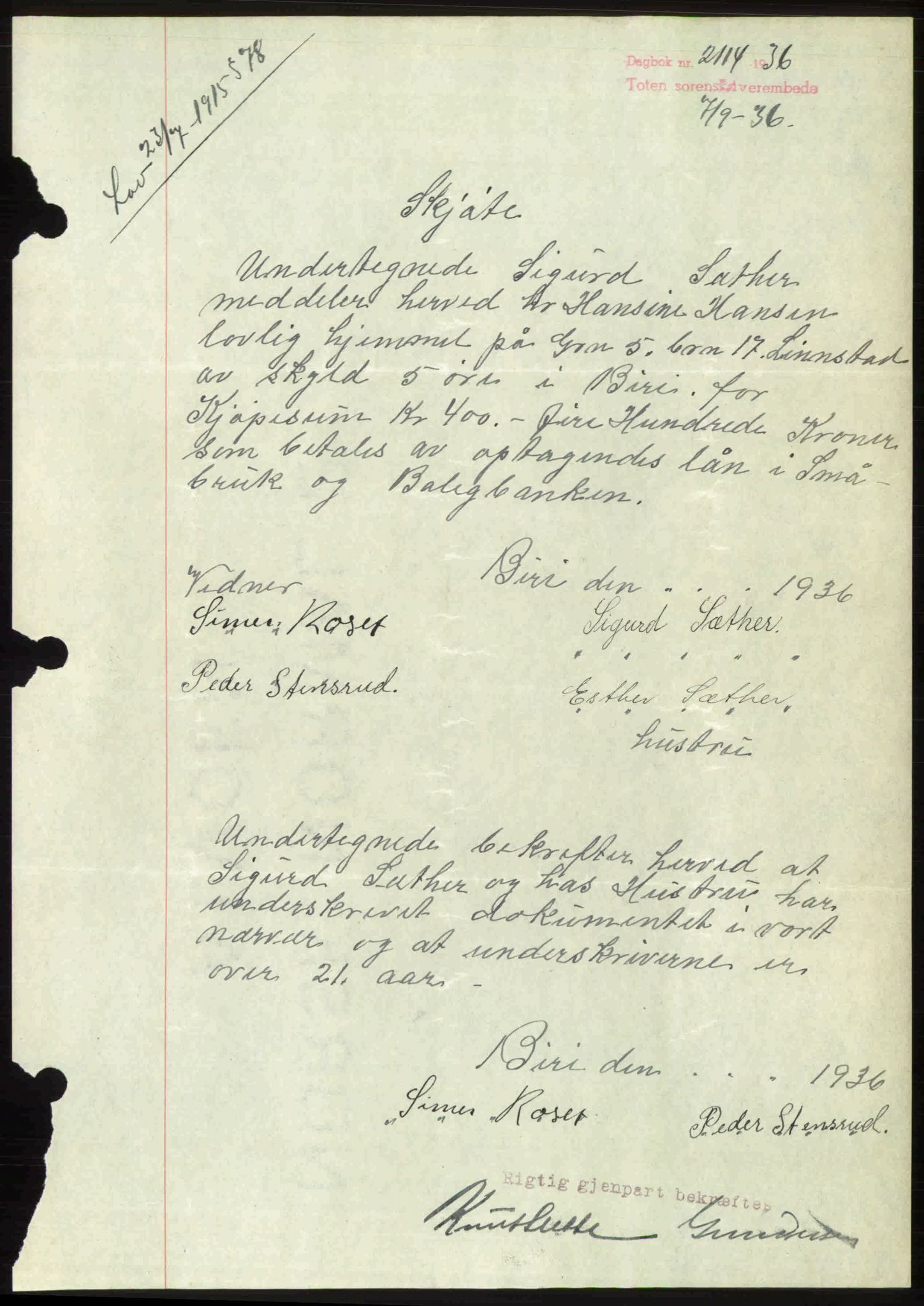 Toten tingrett, AV/SAH-TING-006/H/Hb/Hbc/L0001: Mortgage book no. Hbc-01, 1936-1936, Diary no: : 2114/1936