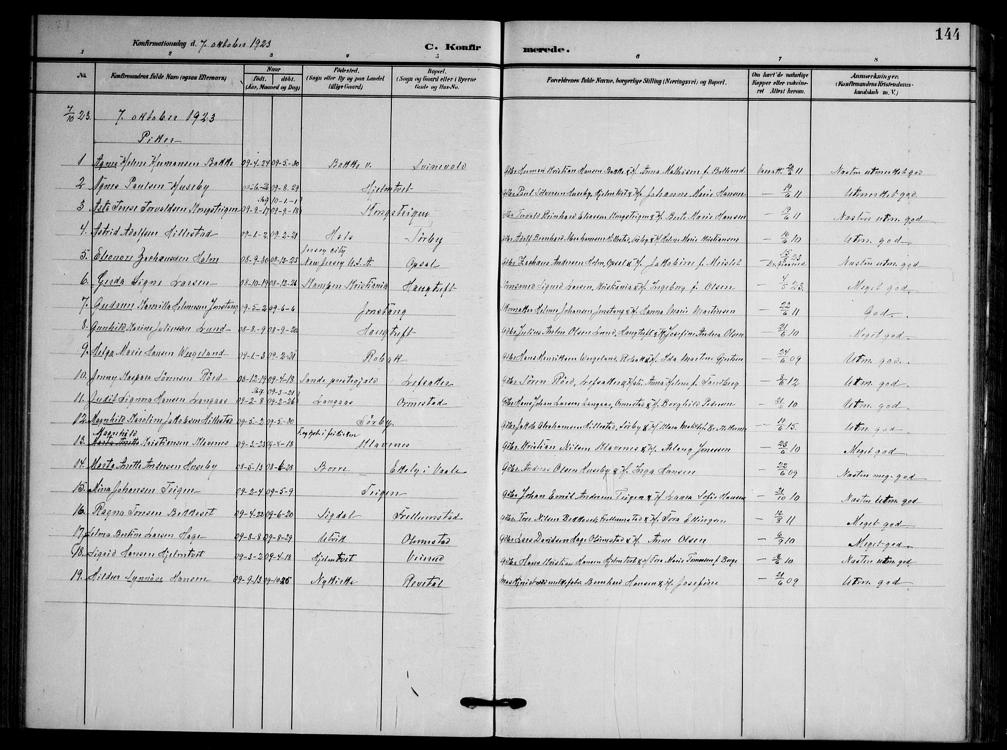 Våle kirkebøker, AV/SAKO-A-334/F/Fa/L0012: Parish register (official) no. I 12, 1907-1934, p. 144