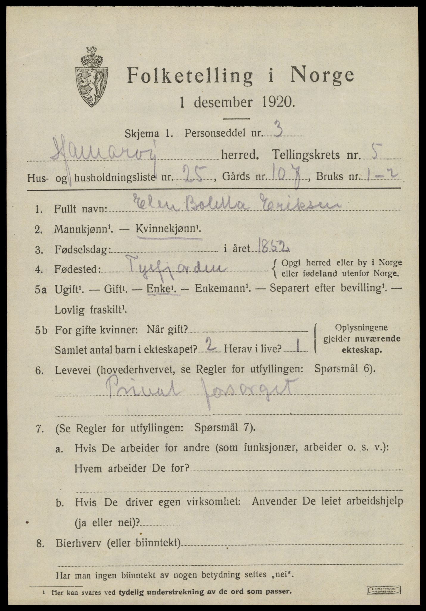 SAT, 1920 census for Hamarøy, 1920, p. 2940