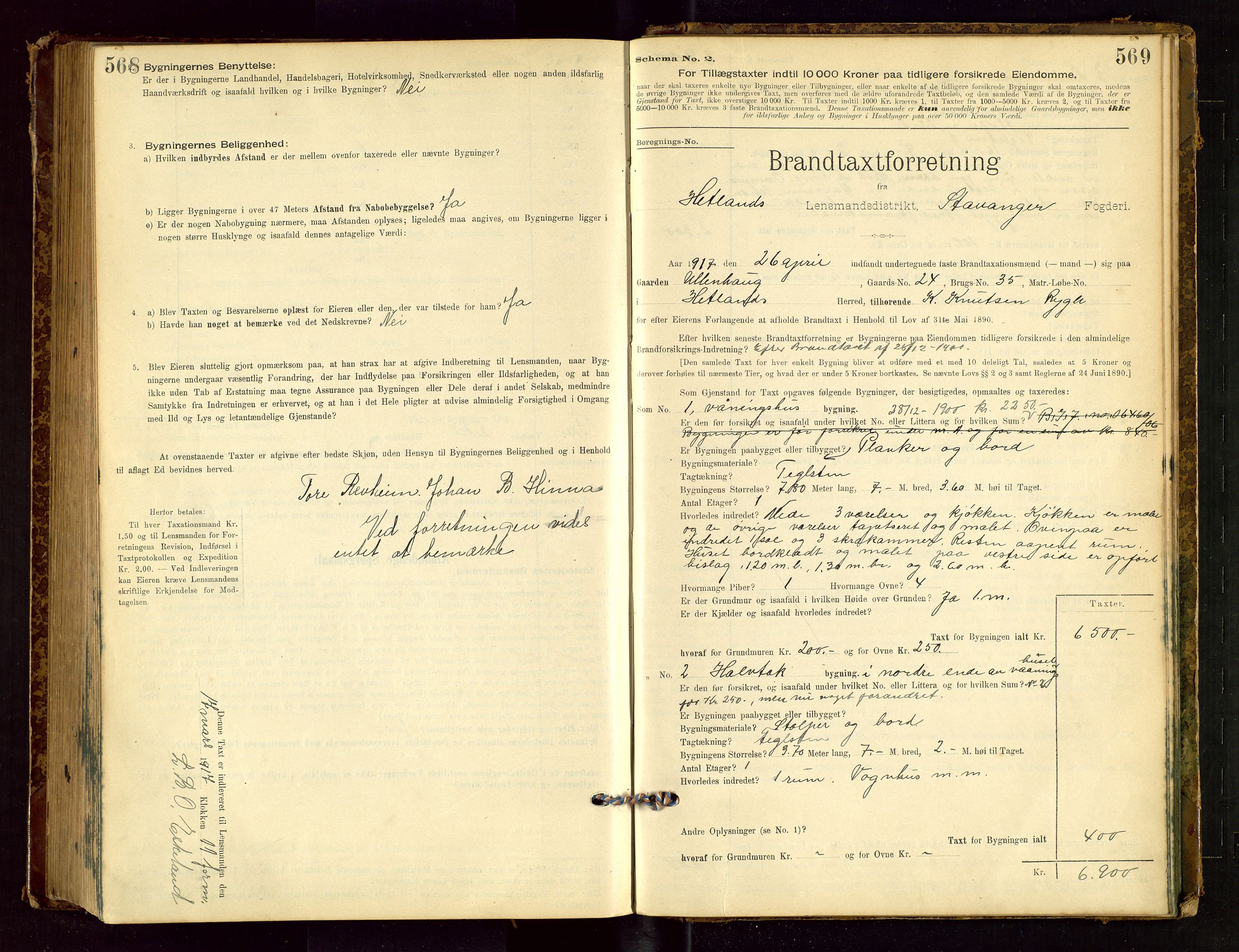 Hetland lensmannskontor, SAST/A-100101/Gob/L0001: "Brandtaxationsprotokol", 1895-1918, p. 568-569
