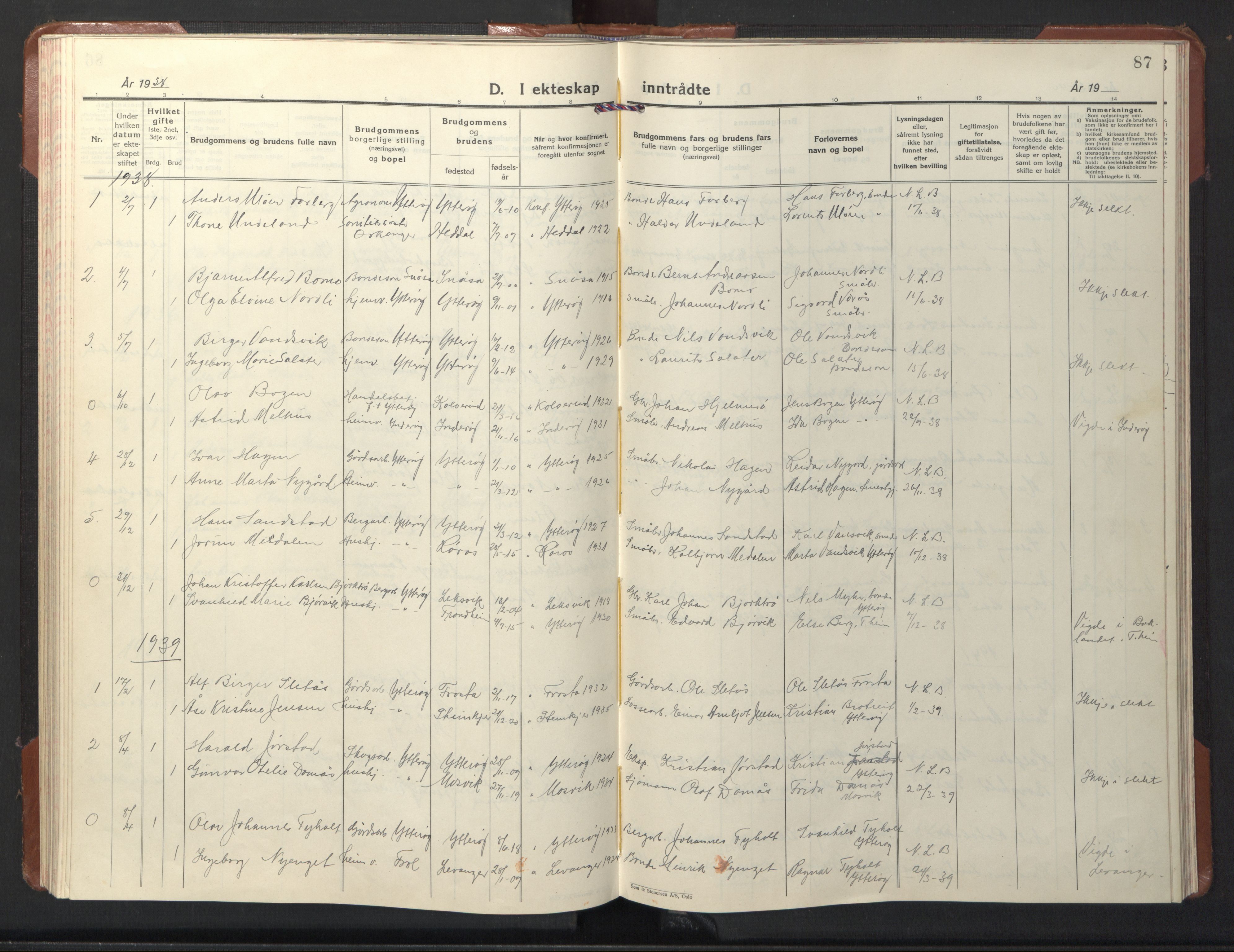 Ministerialprotokoller, klokkerbøker og fødselsregistre - Nord-Trøndelag, SAT/A-1458/722/L0227: Parish register (copy) no. 722C03, 1928-1958, p. 87
