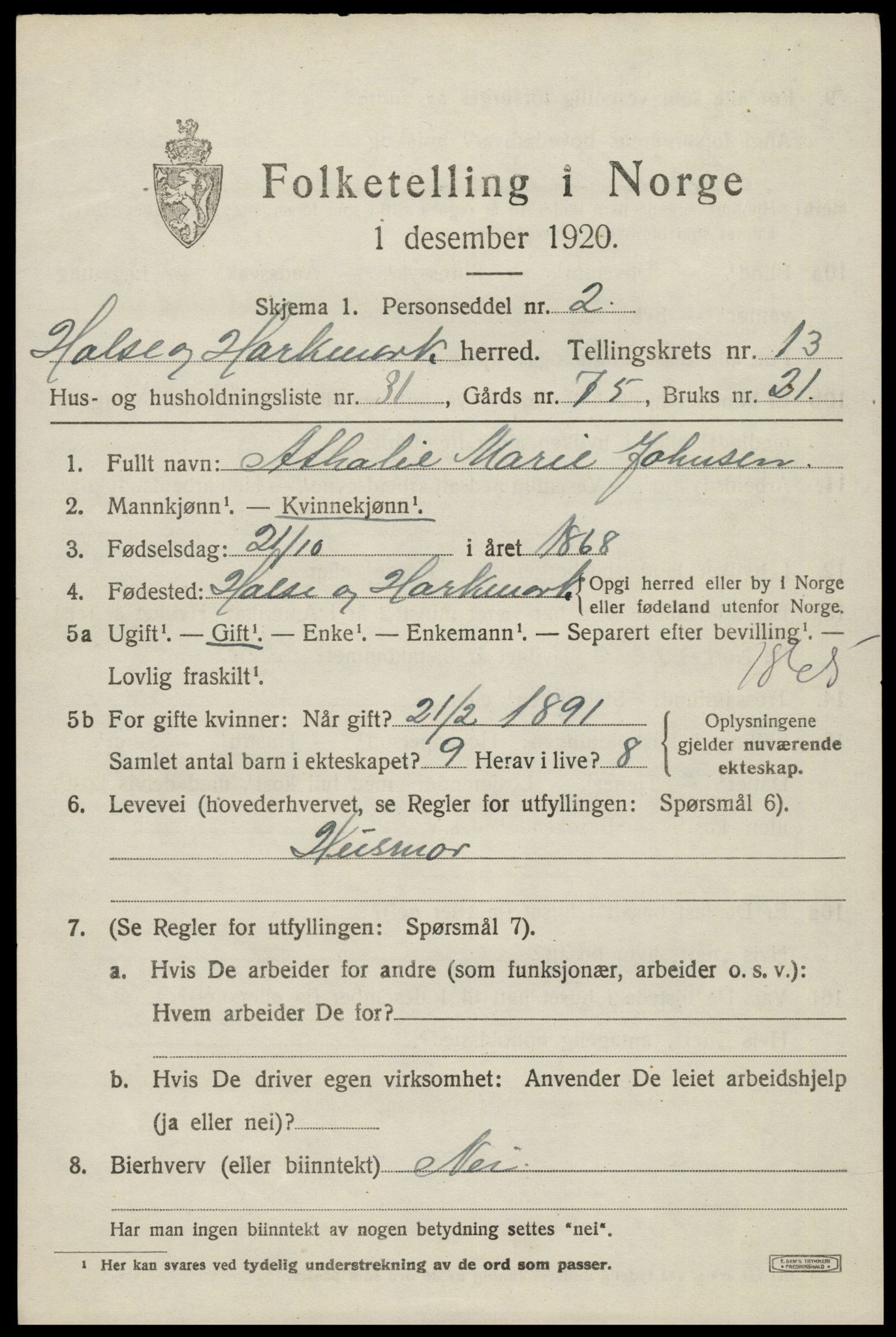 SAK, 1920 census for Halse og Harkmark, 1920, p. 7275