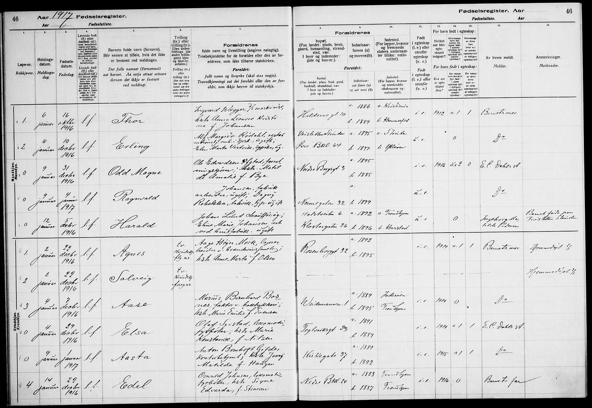 Ministerialprotokoller, klokkerbøker og fødselsregistre - Sør-Trøndelag, SAT/A-1456/604/L0232: Birth register no. 604.II.4.1, 1916-1920, p. 46
