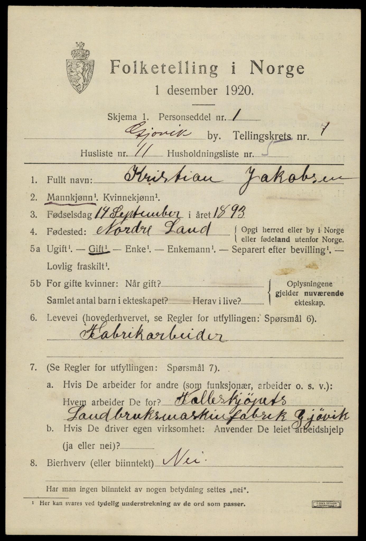 SAH, 1920 census for Gjøvik, 1920, p. 2808