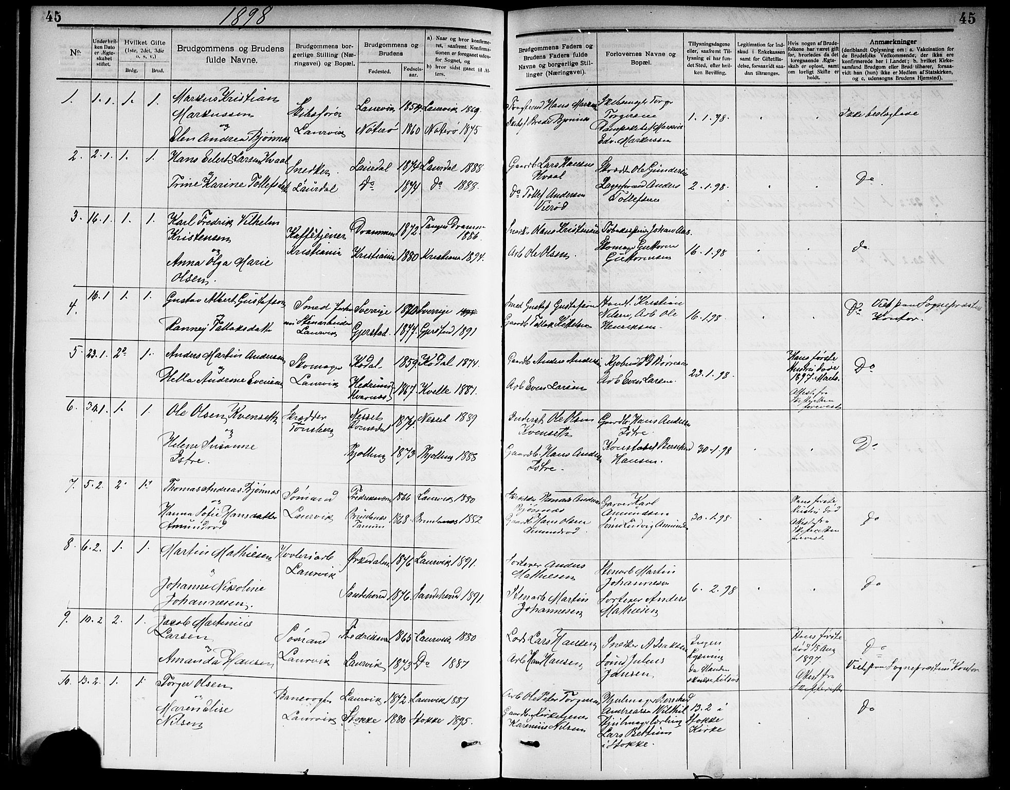 Larvik kirkebøker, SAKO/A-352/G/Ga/L0006: Parish register (copy) no. I 6, 1888-1917, p. 45