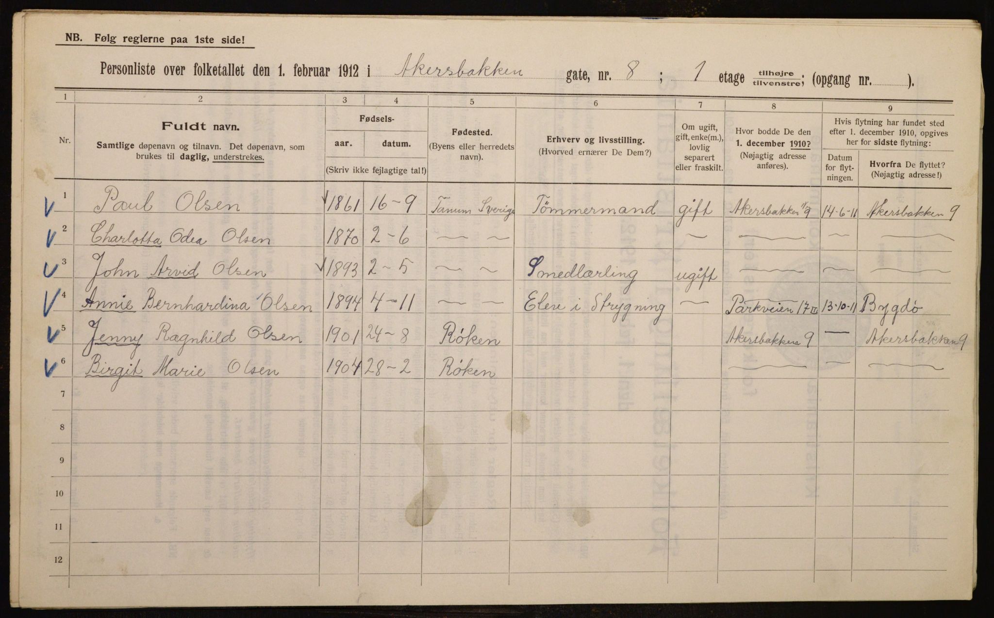 OBA, Municipal Census 1912 for Kristiania, 1912, p. 34