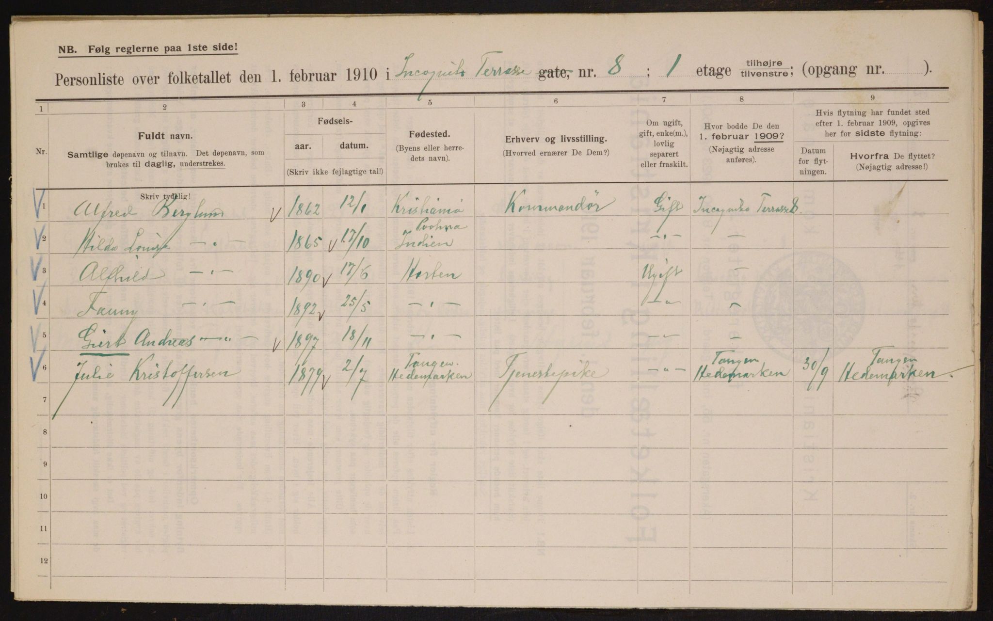 OBA, Municipal Census 1910 for Kristiania, 1910, p. 43396