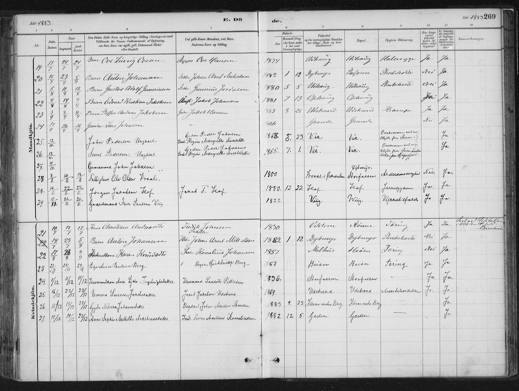 Ministerialprotokoller, klokkerbøker og fødselsregistre - Sør-Trøndelag, SAT/A-1456/659/L0739: Parish register (official) no. 659A09, 1879-1893, p. 269