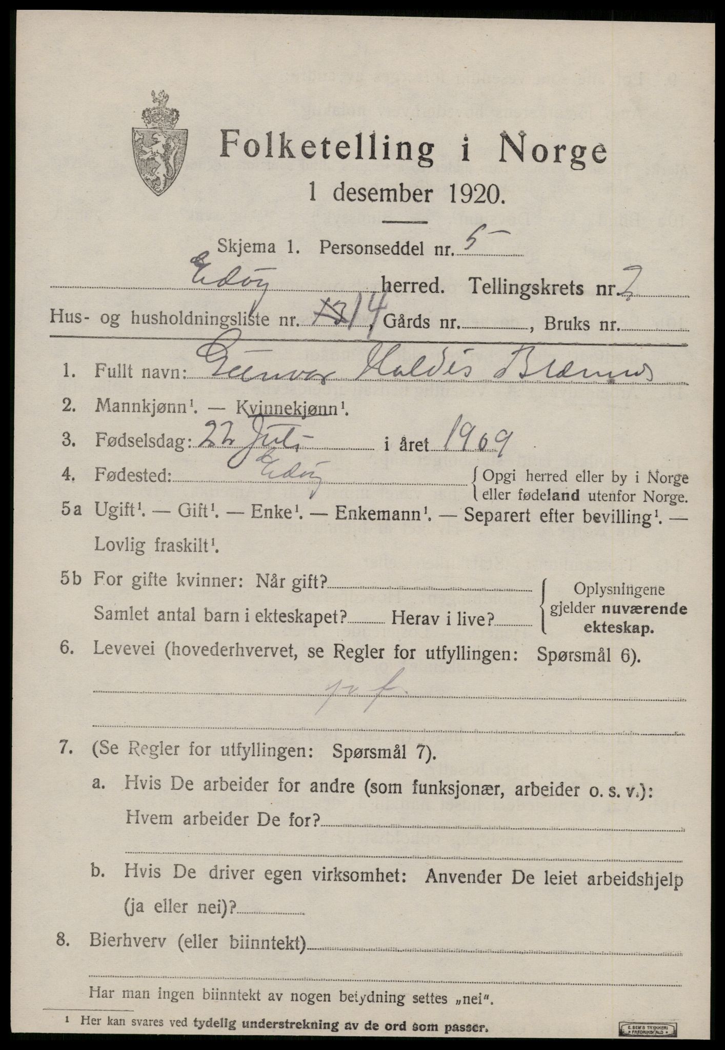 SAT, 1920 census for Edøy, 1920, p. 916