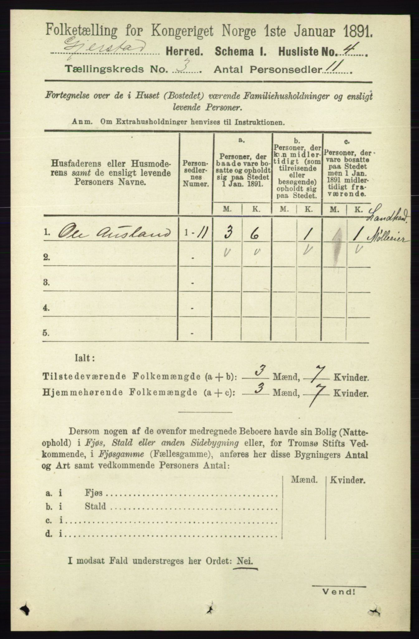 RA, 1891 census for 0911 Gjerstad, 1891, p. 1001