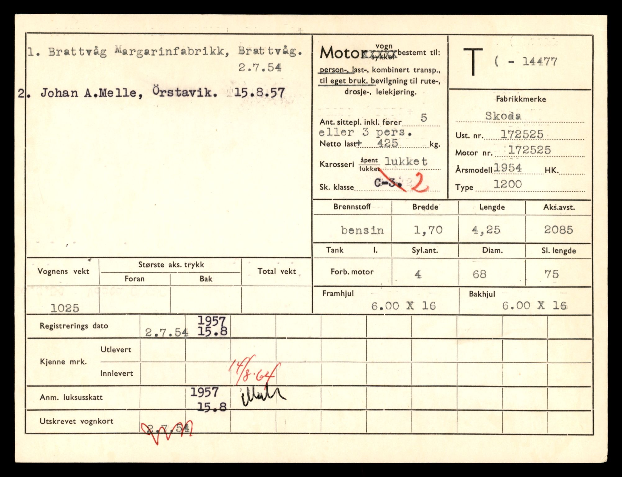 Møre og Romsdal vegkontor - Ålesund trafikkstasjon, AV/SAT-A-4099/F/Fe/L0046: Registreringskort for kjøretøy T 14445 - T 14579, 1927-1998
