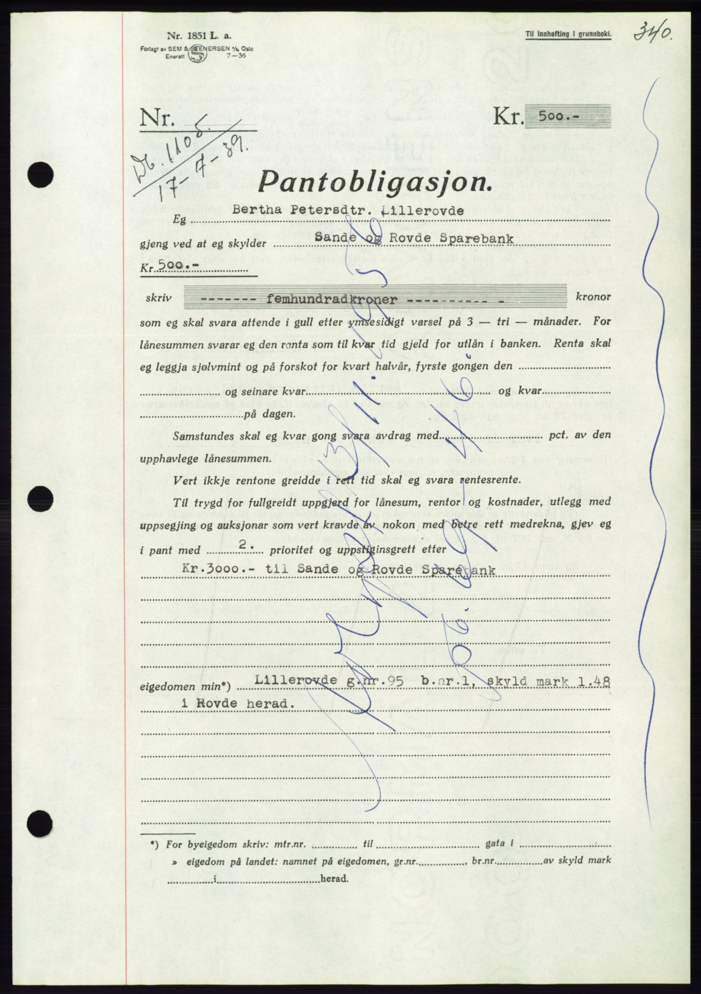 Søre Sunnmøre sorenskriveri, AV/SAT-A-4122/1/2/2C/L0068: Mortgage book no. 62, 1939-1939, Diary no: : 1105/1939