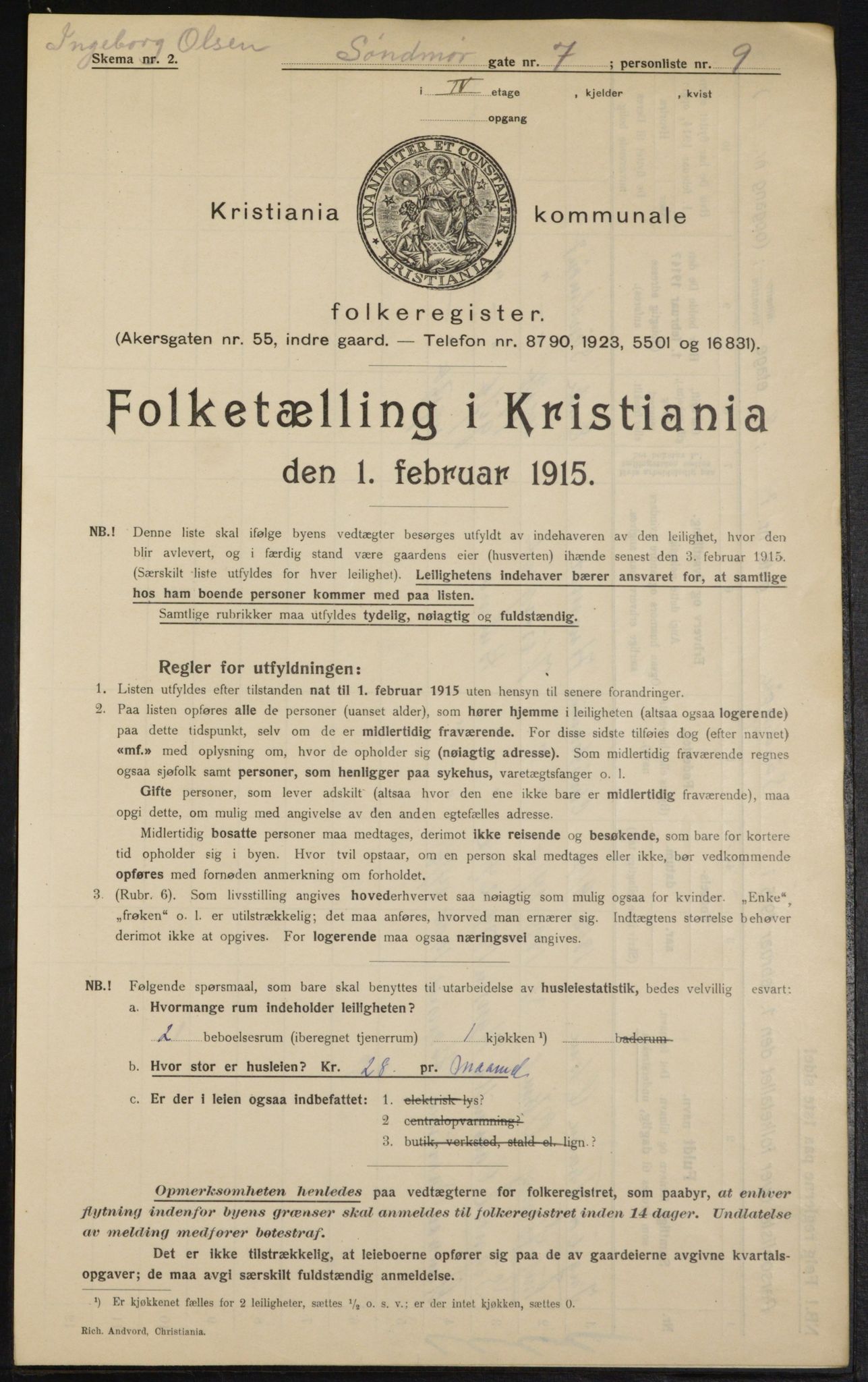 OBA, Municipal Census 1915 for Kristiania, 1915, p. 105009