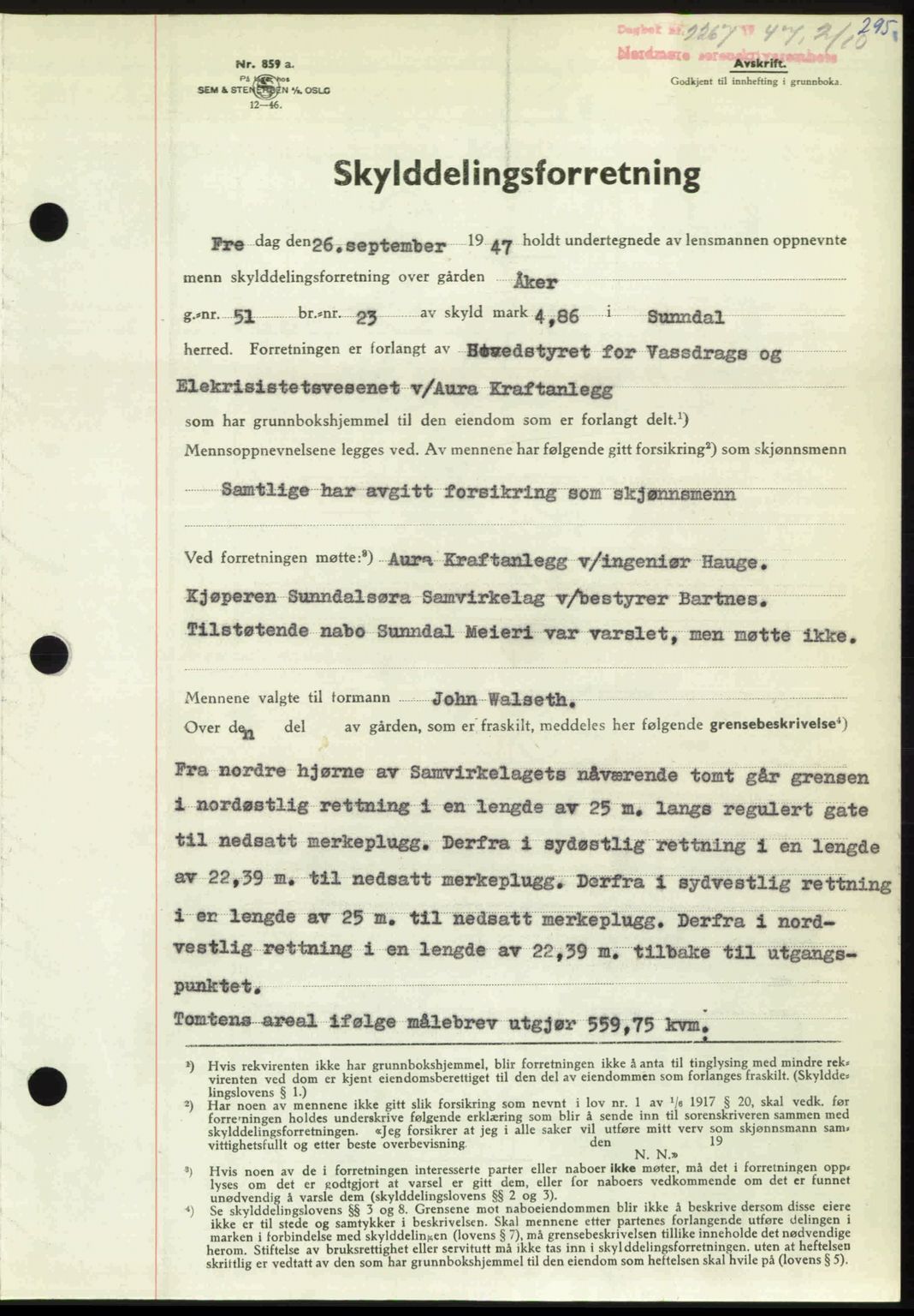 Nordmøre sorenskriveri, AV/SAT-A-4132/1/2/2Ca: Mortgage book no. A106, 1947-1947, Diary no: : 2267/1947