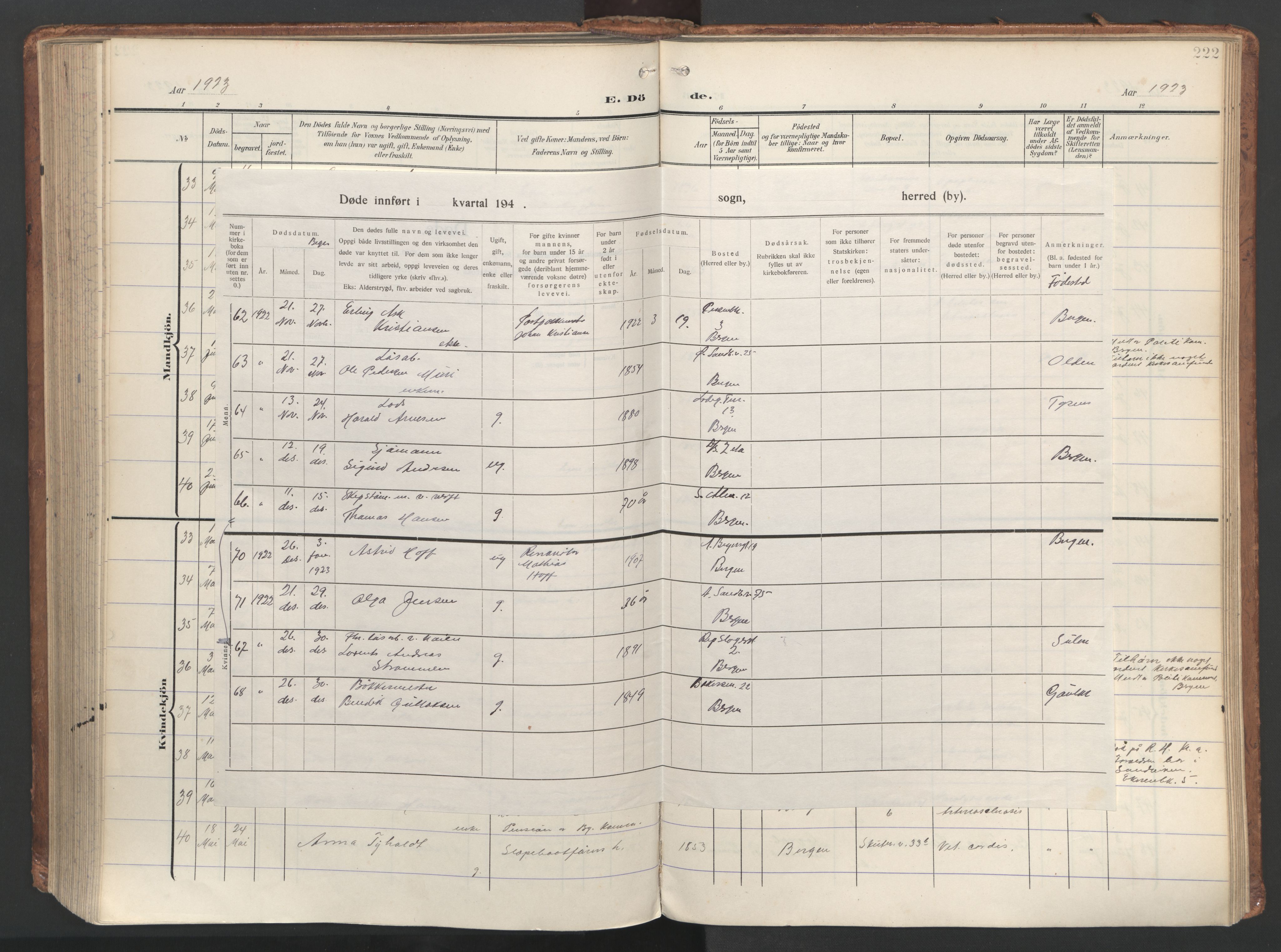 Sandviken Sokneprestembete, AV/SAB-A-77601/H/Ha/L0019: Parish register (official) no. E 2, 1905-1933, p. 222