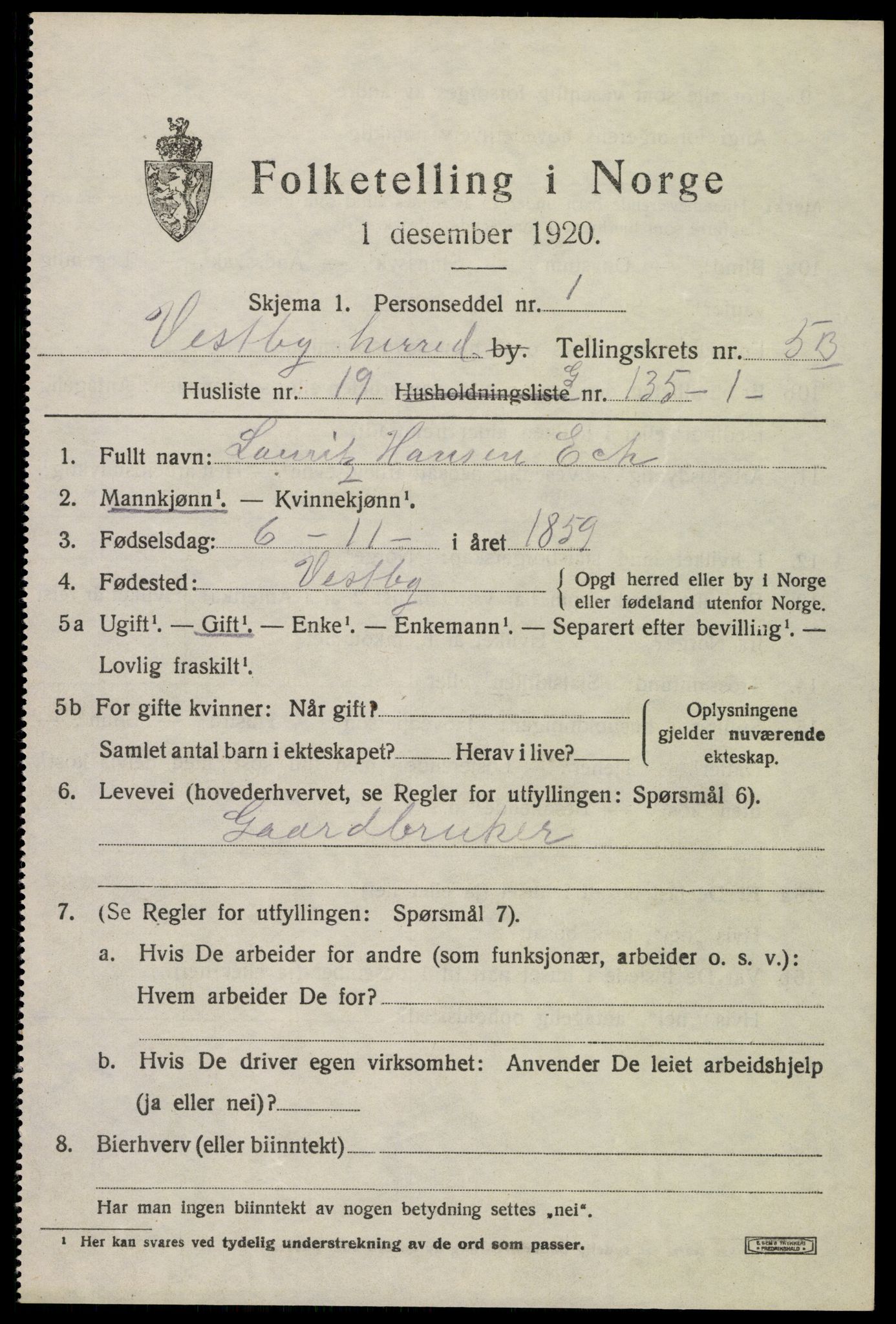 SAO, 1920 census for Vestby, 1920, p. 6535