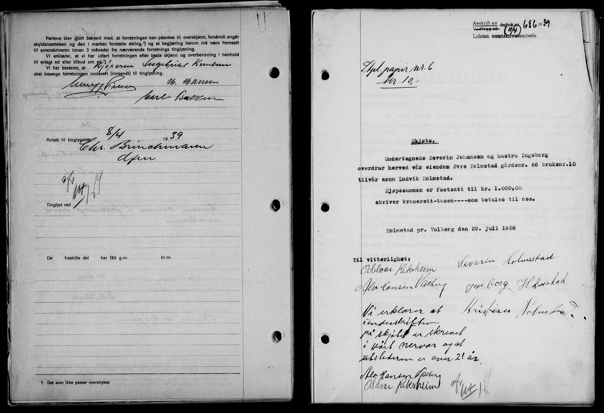 Lofoten sorenskriveri, SAT/A-0017/1/2/2C/L0005a: Mortgage book no. 5a, 1939-1939, Diary no: : 686/1939