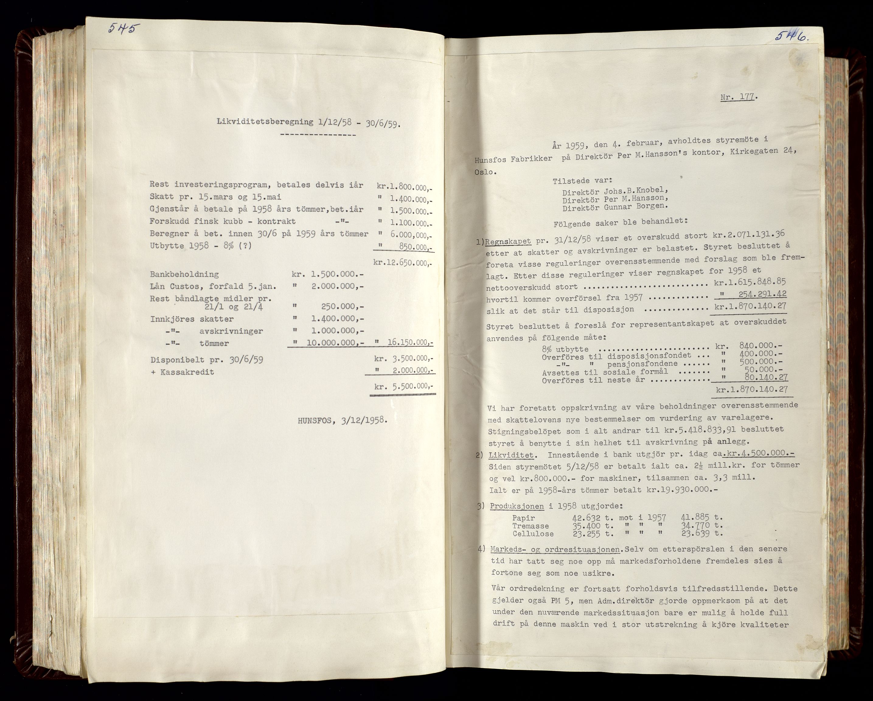 Hunsfos fabrikker, SAK/D/1440/02/L0007: Referatprotokoll fra styremøter (møte nr 114-221), 1951-1964, p. 545-546