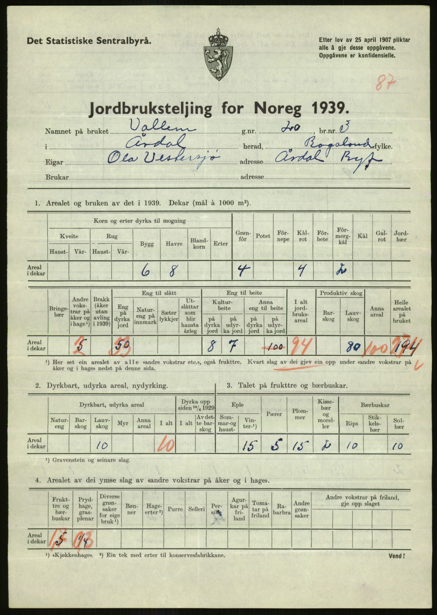 Statistisk sentralbyrå, Næringsøkonomiske emner, Jordbruk, skogbruk, jakt, fiske og fangst, AV/RA-S-2234/G/Gb/L0184: Rogaland: Årdal, Fister og Hjelmeland, 1939, p. 739