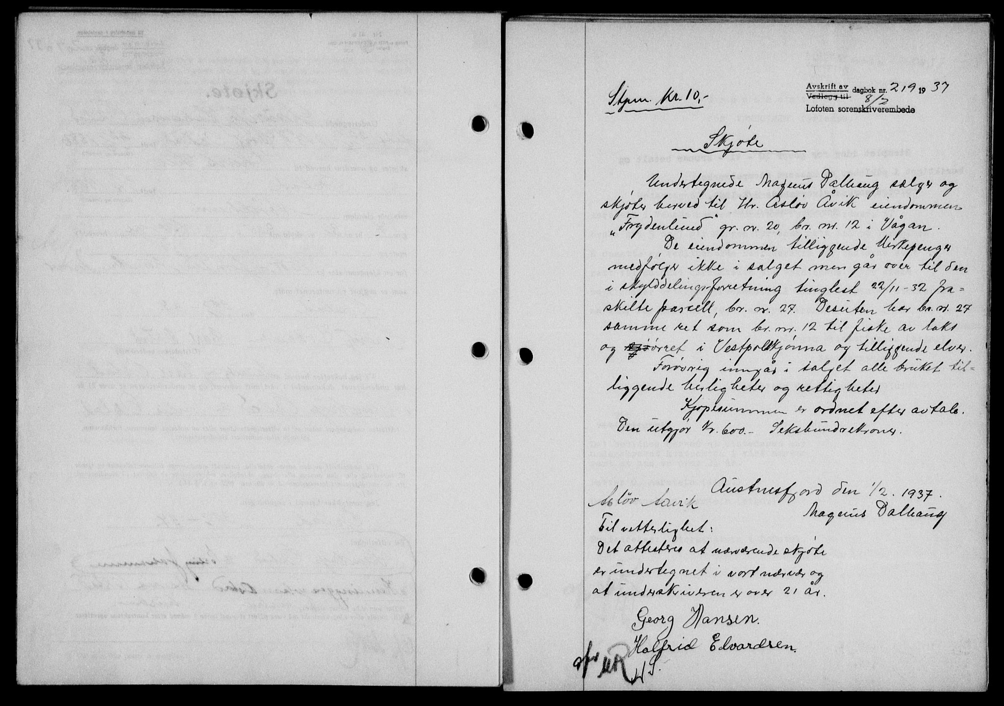 Lofoten sorenskriveri, SAT/A-0017/1/2/2C/L0001a: Mortgage book no. 1a, 1936-1937, Diary no: : 219/1937
