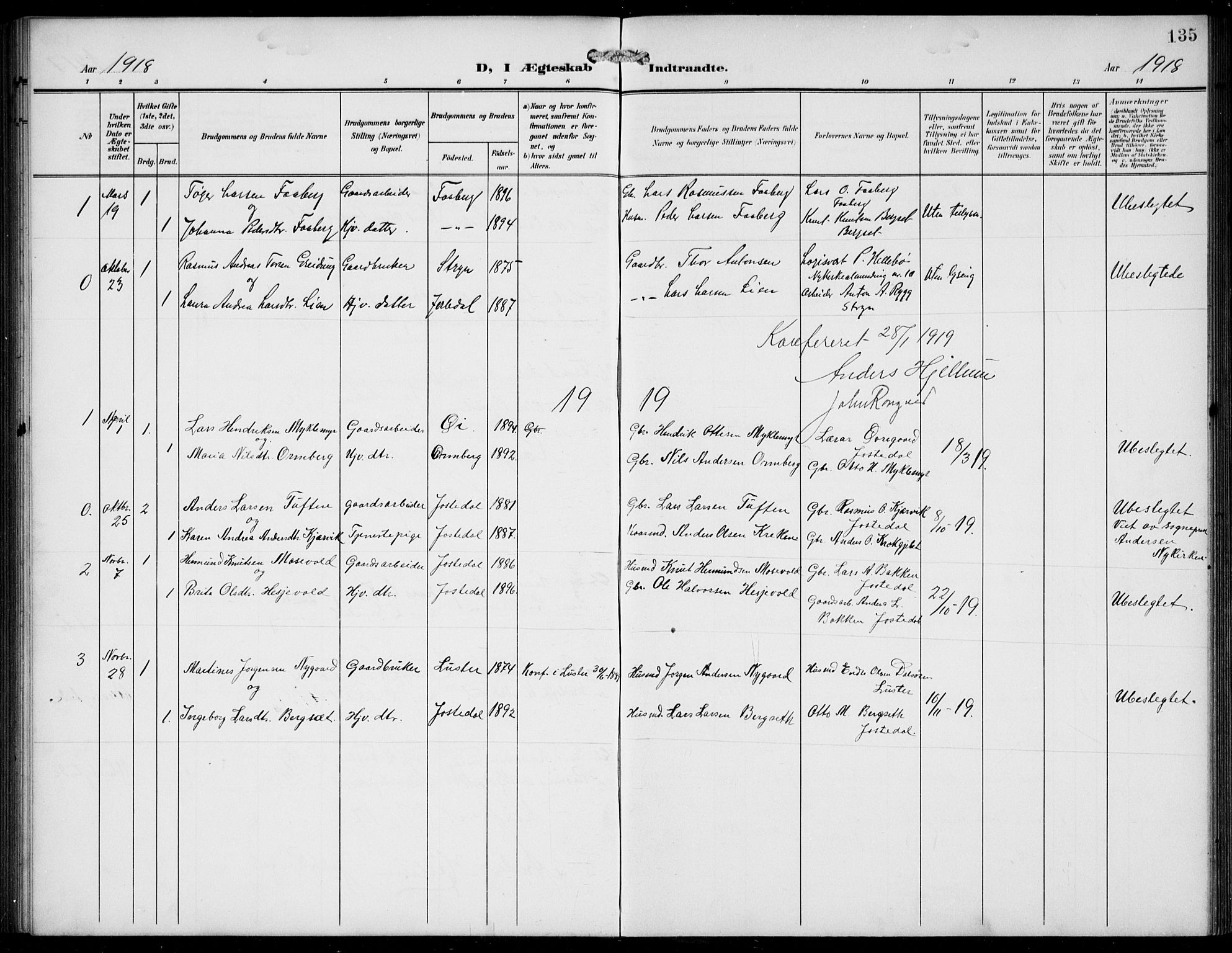 Jostedal sokneprestembete, AV/SAB-A-80601/H/Hab/Haba/L0002: Parish register (copy) no. A 2, 1907-1931, p. 135