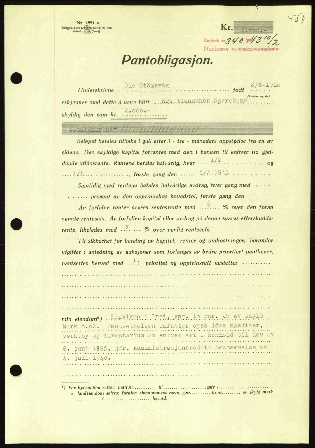 Nordmøre sorenskriveri, AV/SAT-A-4132/1/2/2Ca: Mortgage book no. B90, 1942-1943, Diary no: : 340/1943