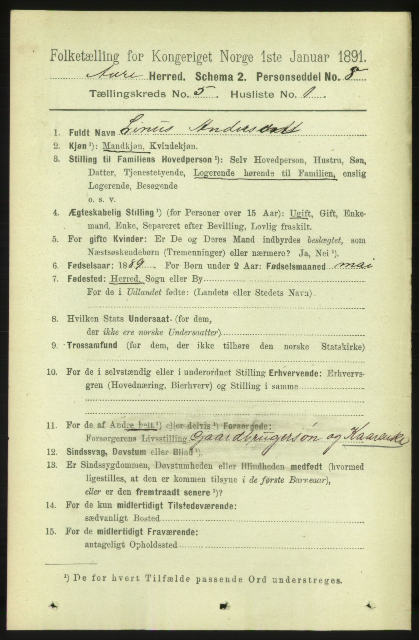 RA, 1891 census for 1569 Aure, 1891, p. 2716