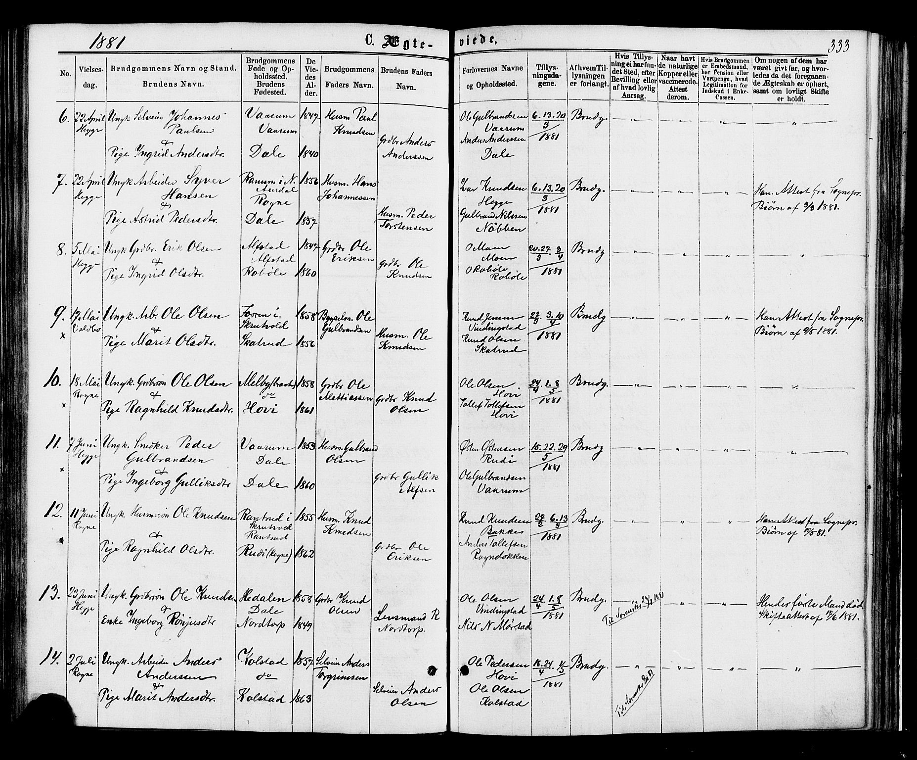 Øystre Slidre prestekontor, SAH/PREST-138/H/Ha/Haa/L0002: Parish register (official) no. 2, 1874-1886, p. 333