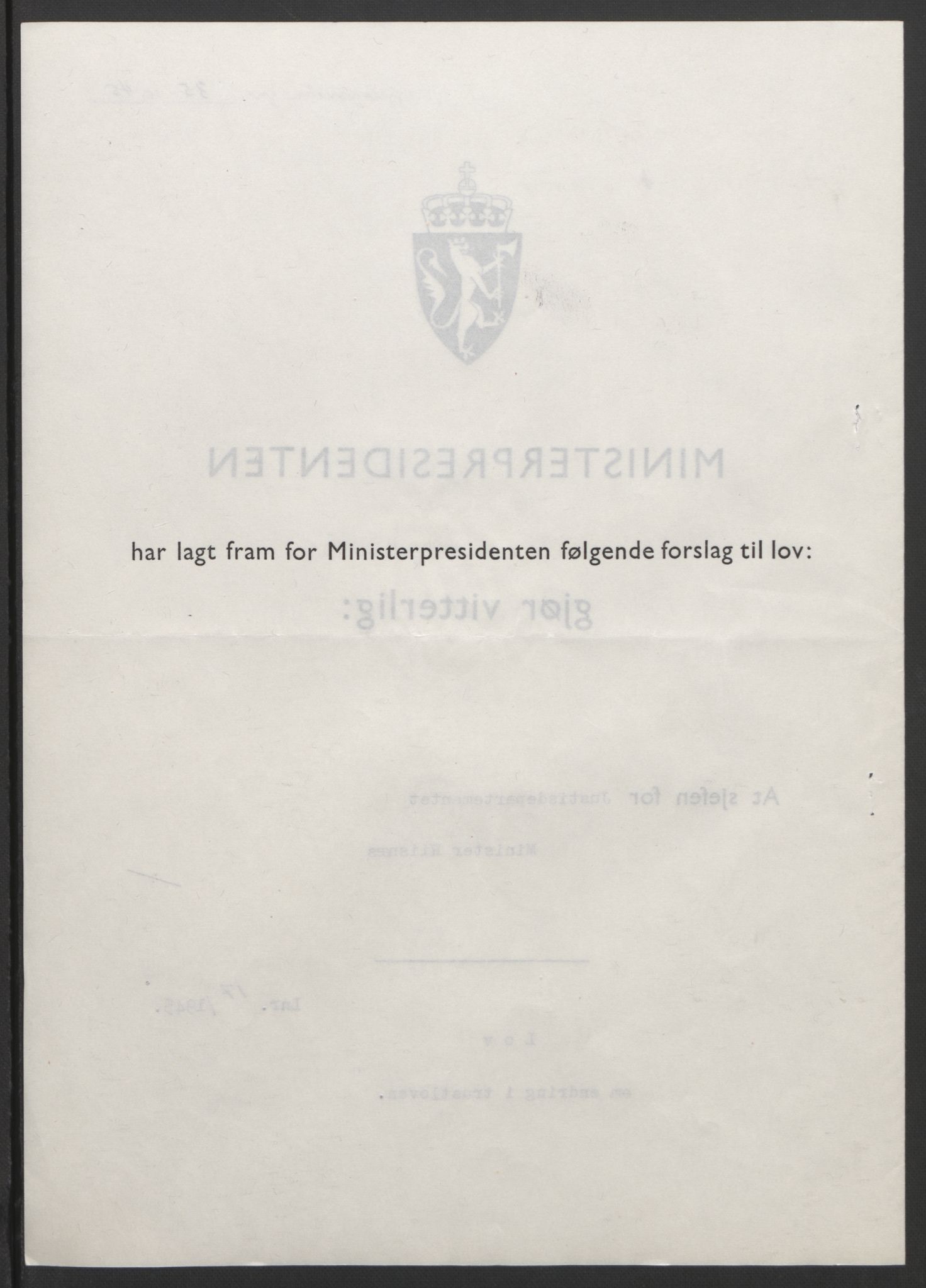 NS-administrasjonen 1940-1945 (Statsrådsekretariatet, de kommisariske statsråder mm), AV/RA-S-4279/D/Db/L0101/0001: -- / Lover og vedtak, 1945, p. 70