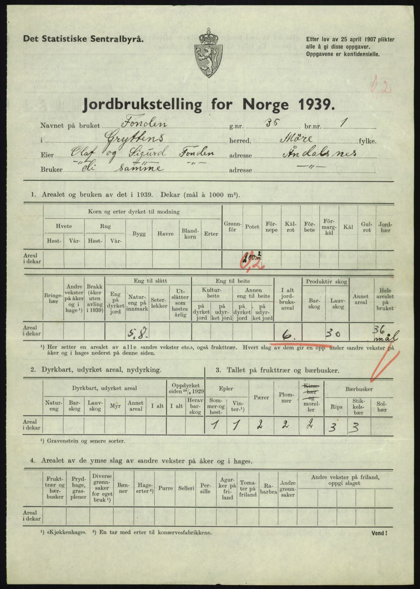 Statistisk sentralbyrå, Næringsøkonomiske emner, Jordbruk, skogbruk, jakt, fiske og fangst, AV/RA-S-2234/G/Gb/L0251: Møre og Romsdal: Voll, Eid, Grytten og Hen, 1939, p. 583