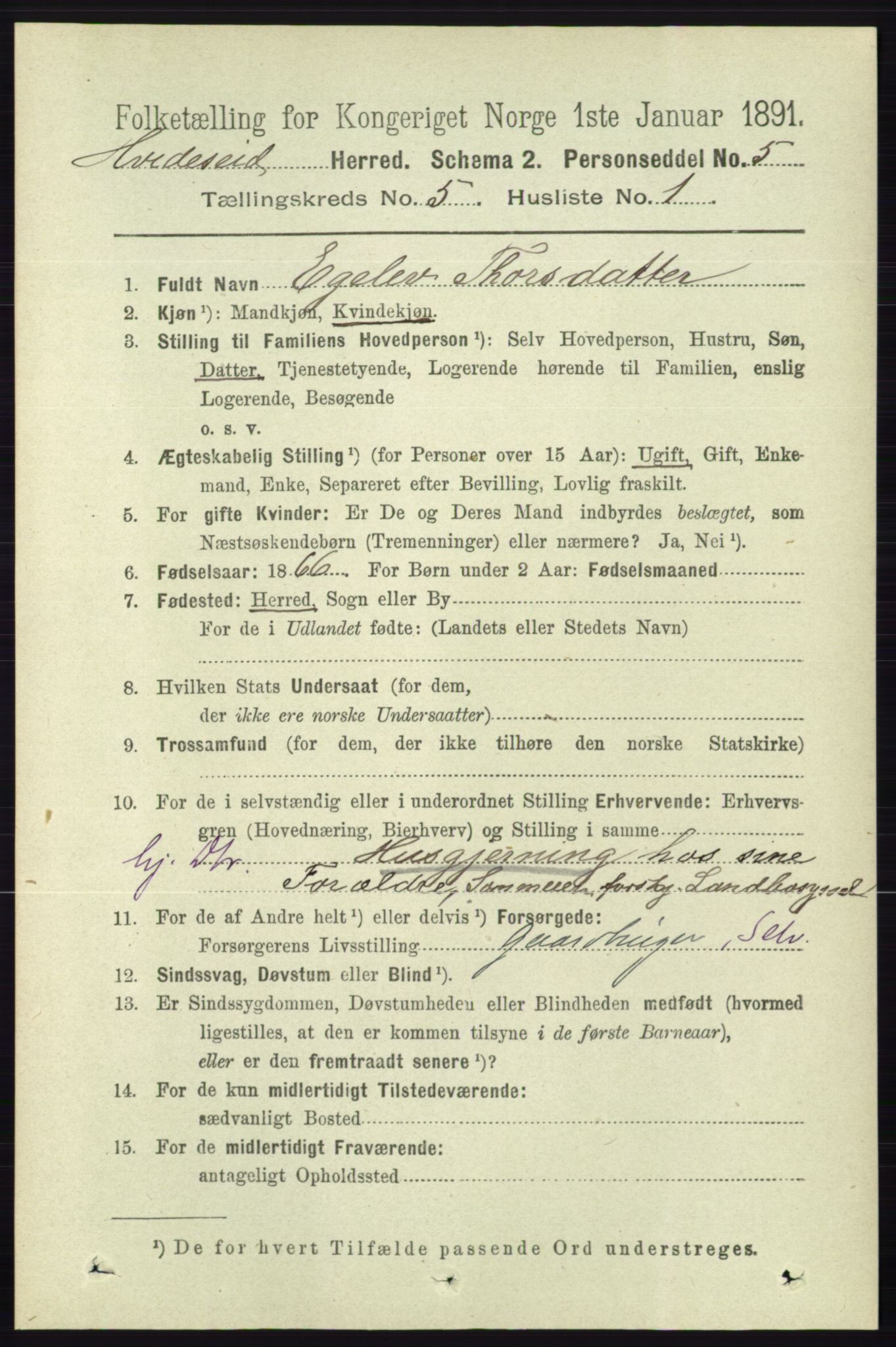 RA, 1891 census for 0829 Kviteseid, 1891, p. 911