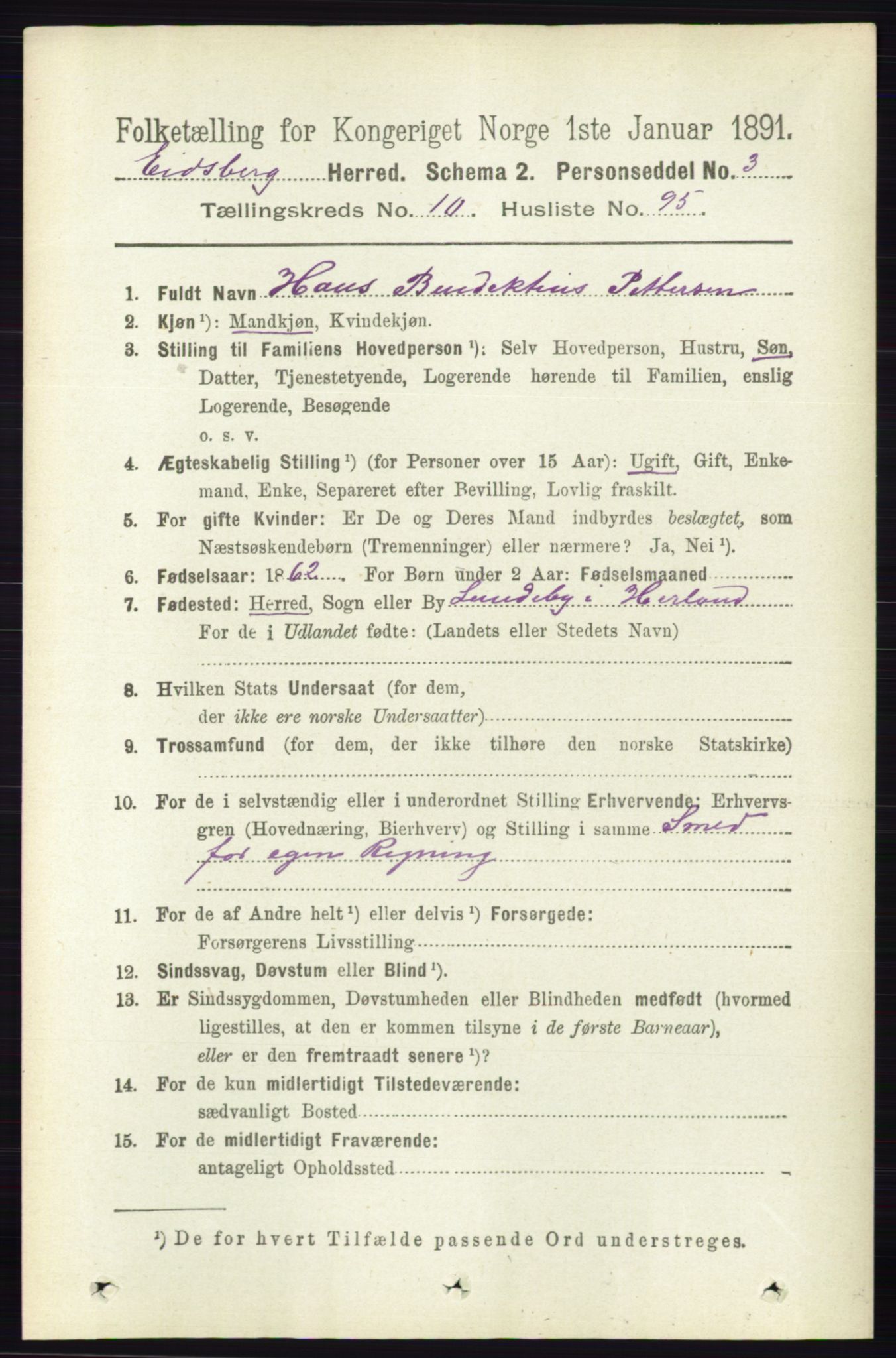 RA, 1891 census for 0125 Eidsberg, 1891, p. 6164