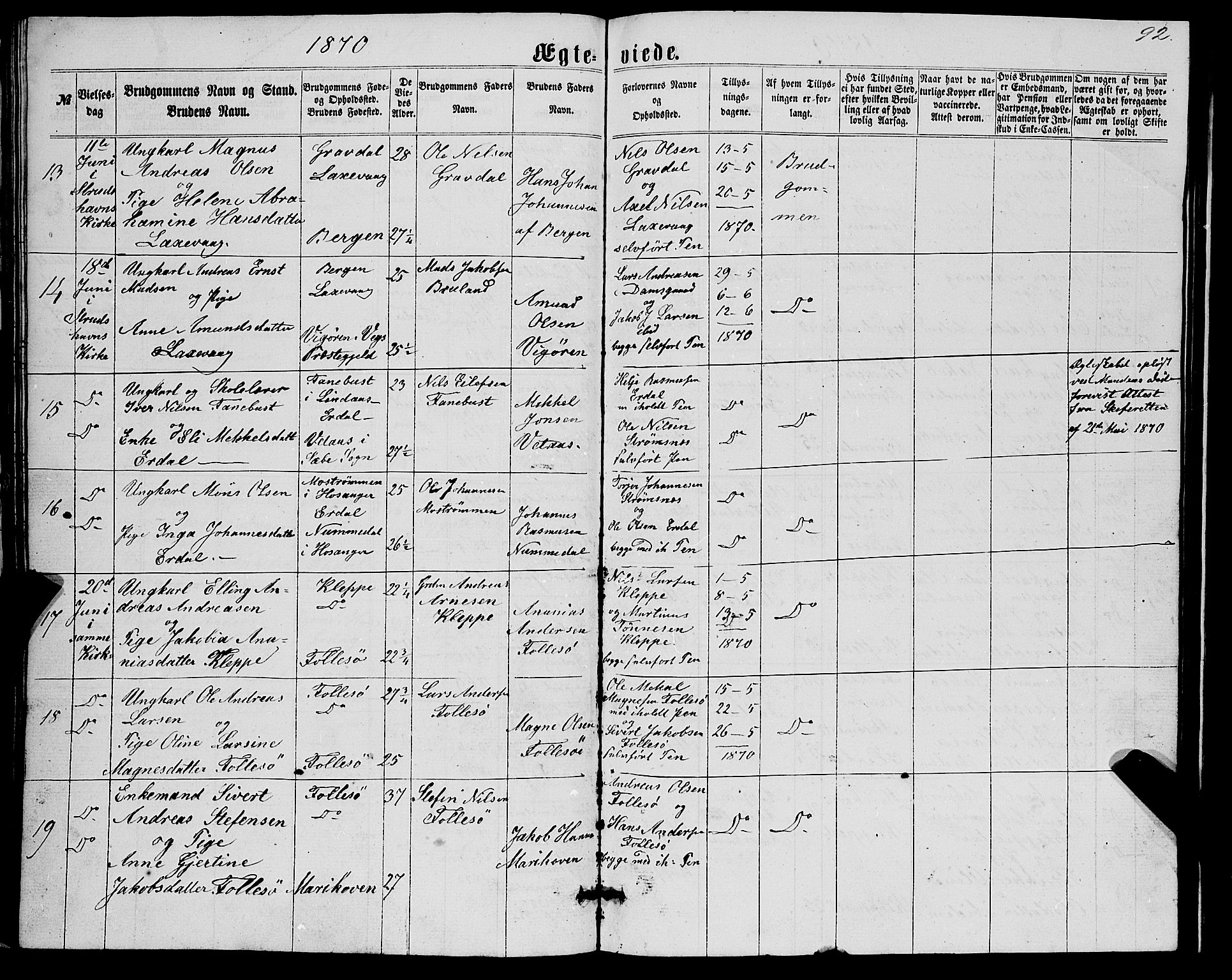 Askøy Sokneprestembete, AV/SAB-A-74101/H/Ha/Hab/Haba/L0006: Parish register (copy) no. A 6, 1861-1881, p. 92