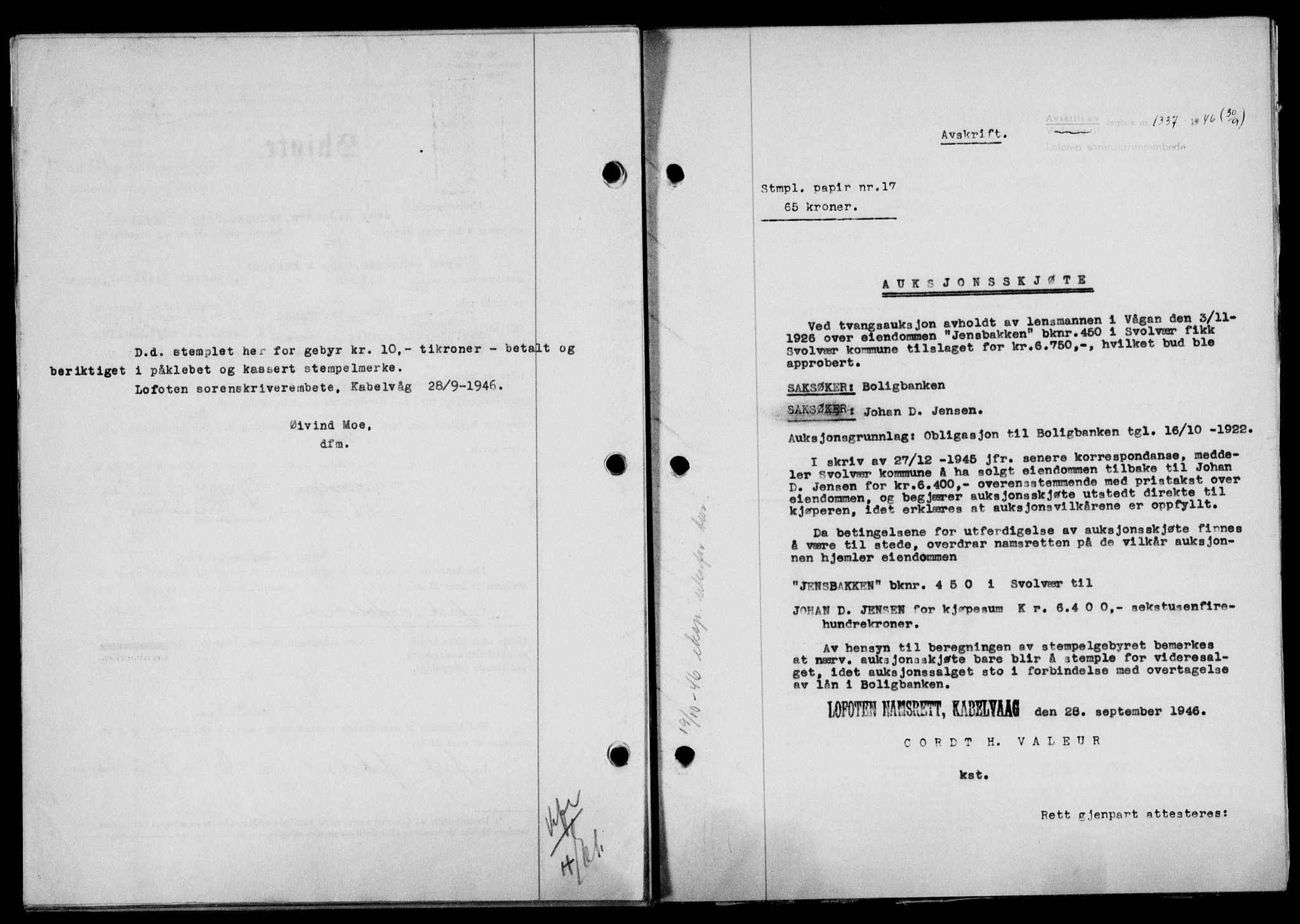 Lofoten sorenskriveri, SAT/A-0017/1/2/2C/L0014a: Mortgage book no. 14a, 1946-1946, Diary no: : 1337/1946