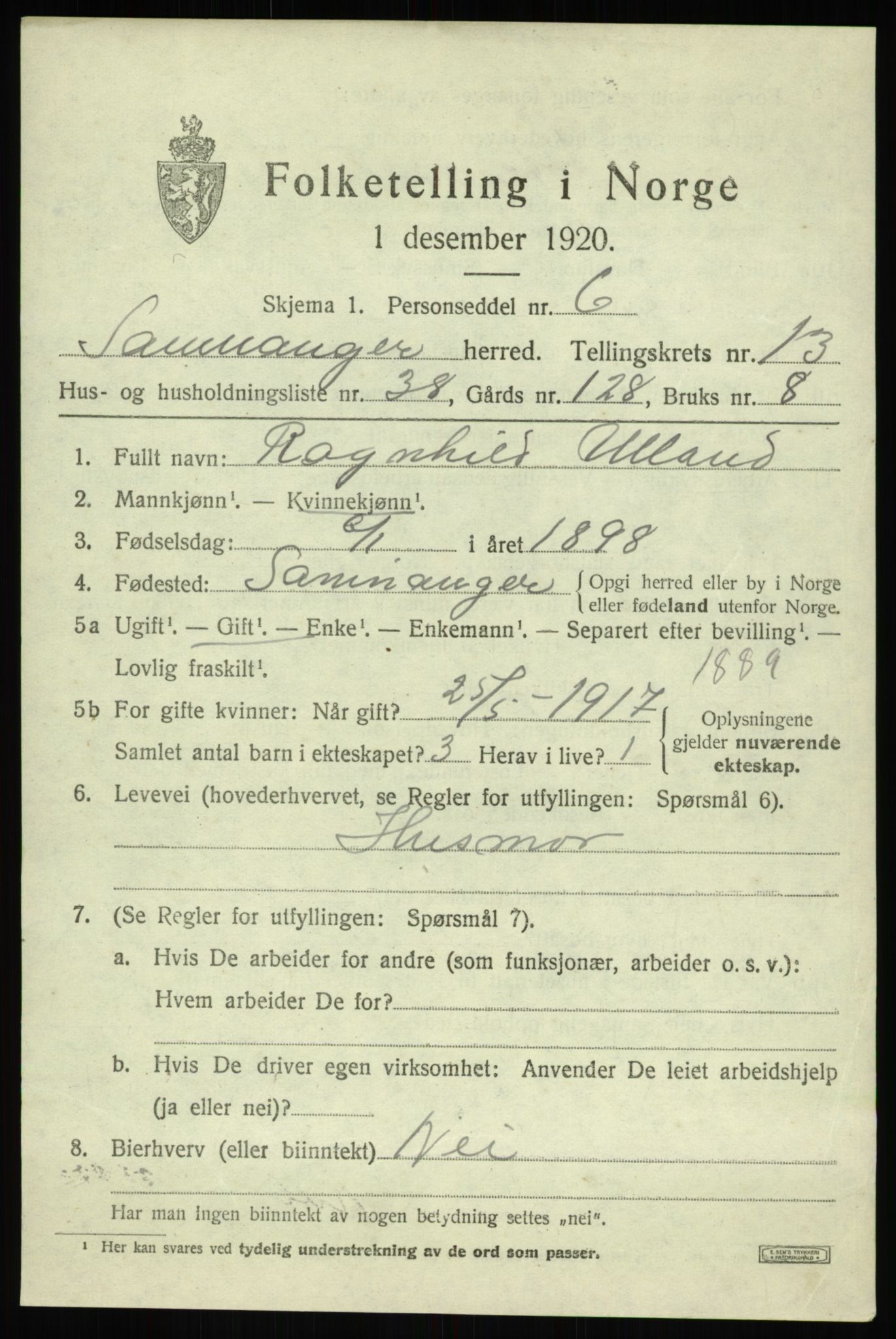 SAB, 1920 census for Samnanger, 1920, p. 5617