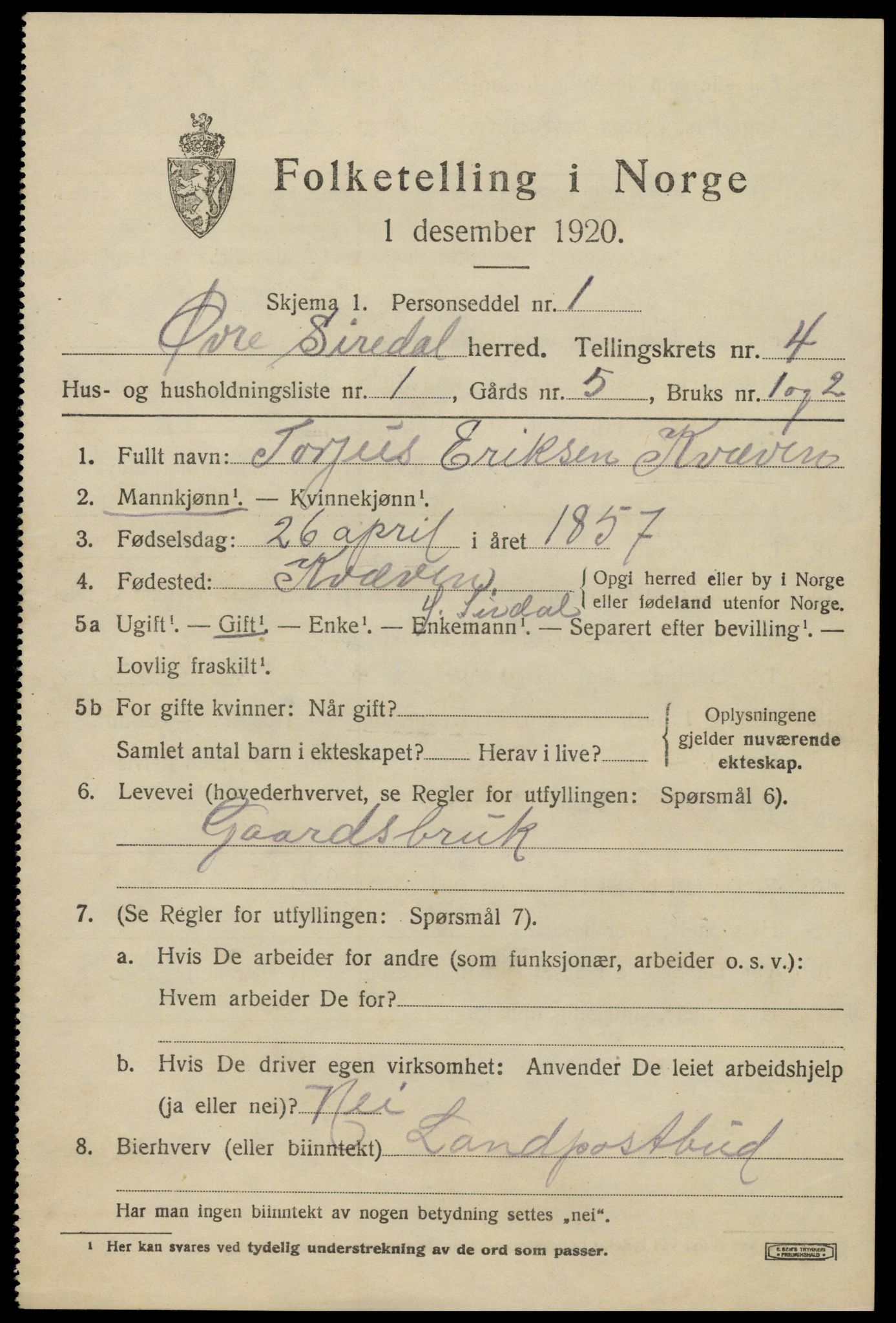 SAK, 1920 census for Øvre Sirdal, 1920, p. 723