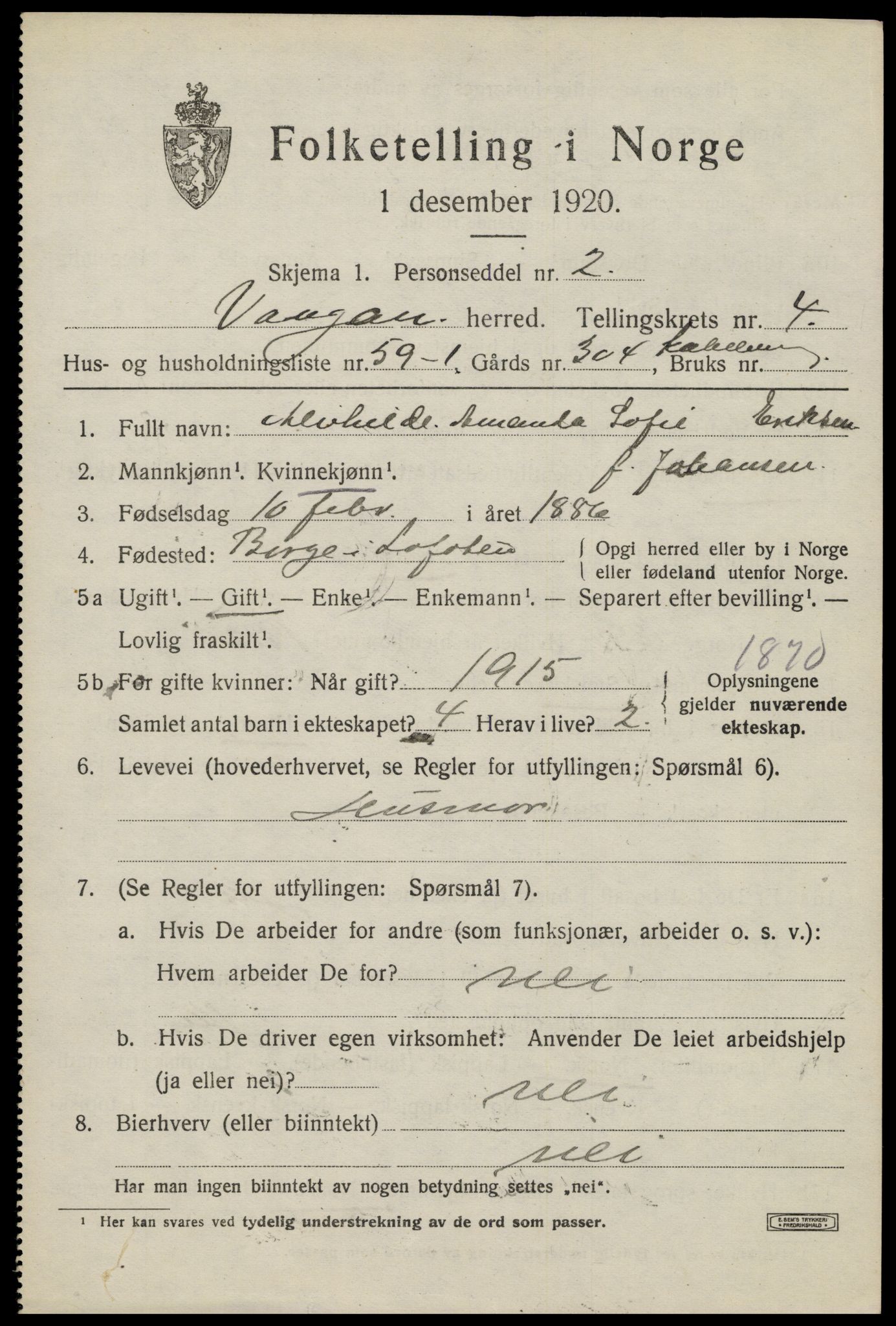 SAT, 1920 census for Vågan, 1920, p. 3939