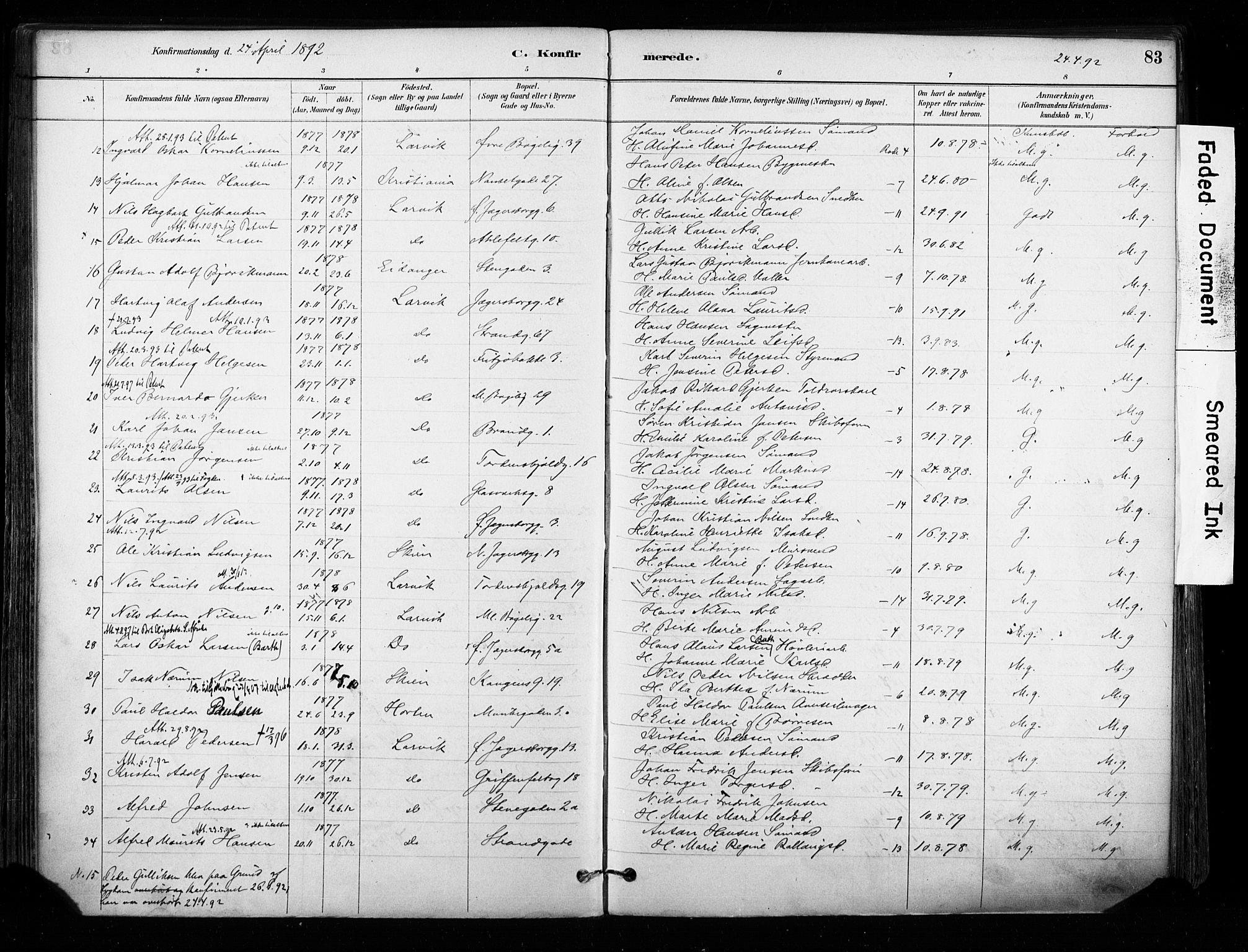 Larvik kirkebøker, AV/SAKO-A-352/F/Fa/L0008: Parish register (official) no. I 8, 1884-1902, p. 83