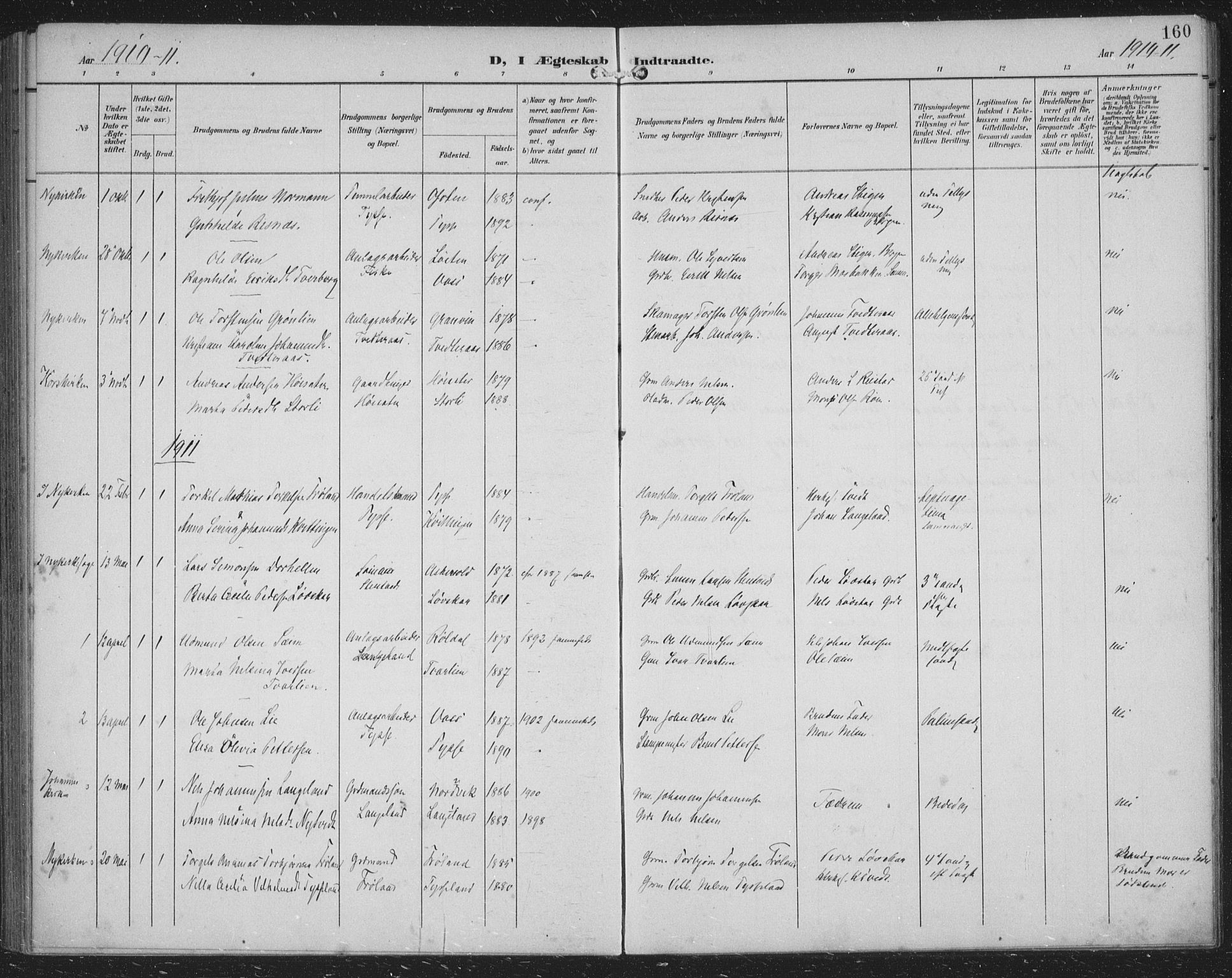 Samnanger Sokneprestembete, SAB/A-77501/H/Haa: Parish register (official) no. A 2, 1902-1918, p. 160