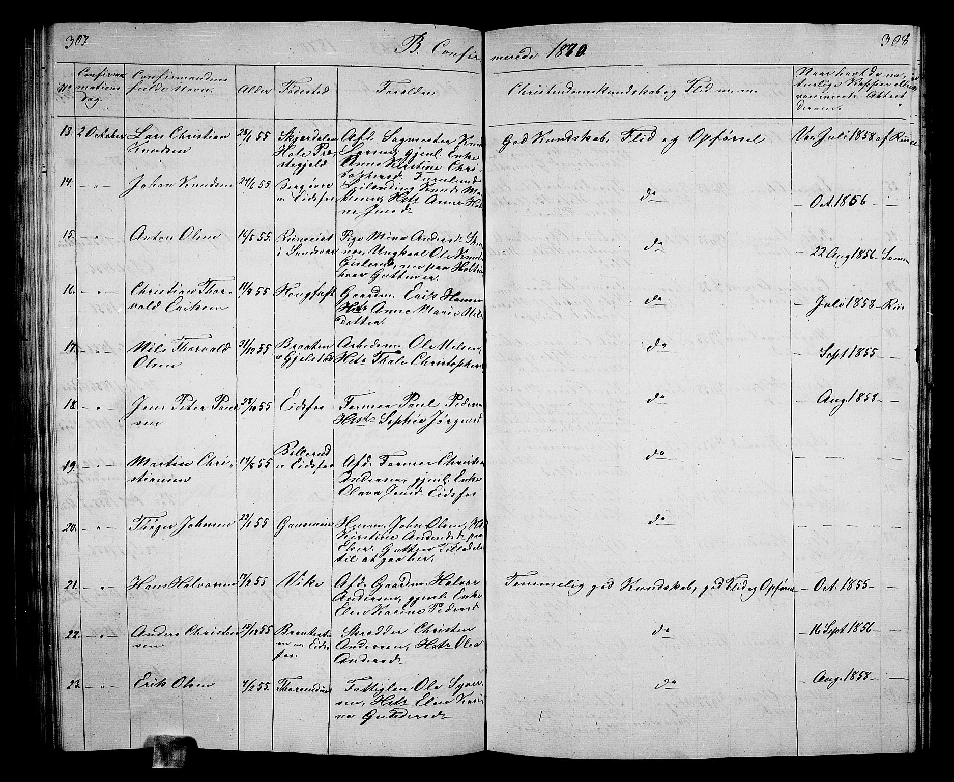 Hof kirkebøker, SAKO/A-64/G/Ga/L0002: Parish register (copy) no. I 2, 1859-1873, p. 307-308